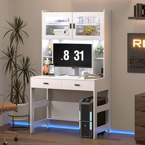 Miniatura 9 de LVSOMT Escritorio de oficina en casa con gabinete, moderno escritorio para juegos para computadora con luces LED y tomas de corriente, mesa de