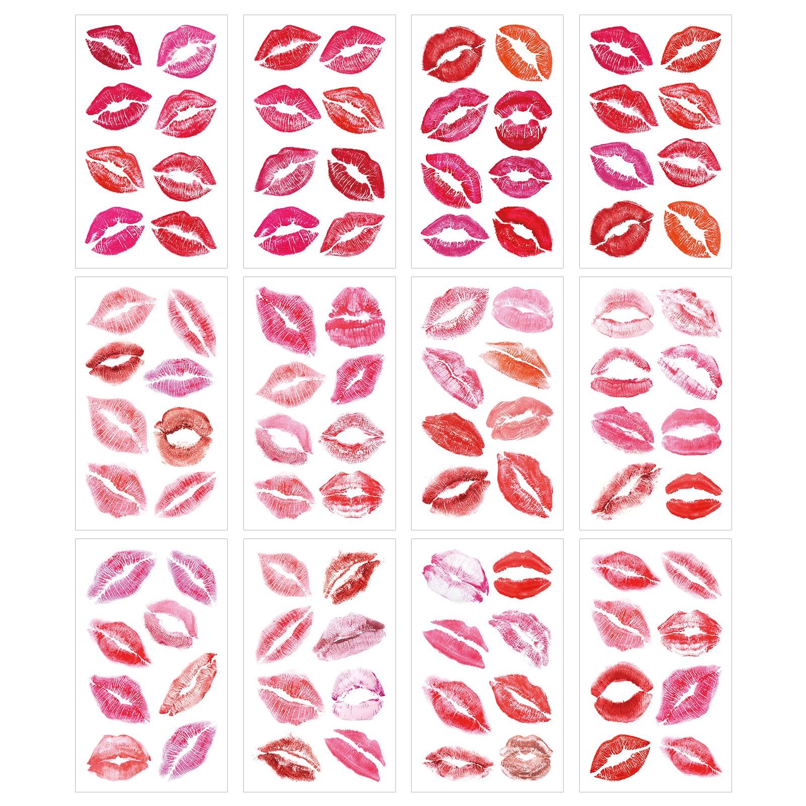 12 Sheets Lip Print Temporary Tattoos, Red & Pink Kiss Mark Designs 3.93 x 2.35 Inch