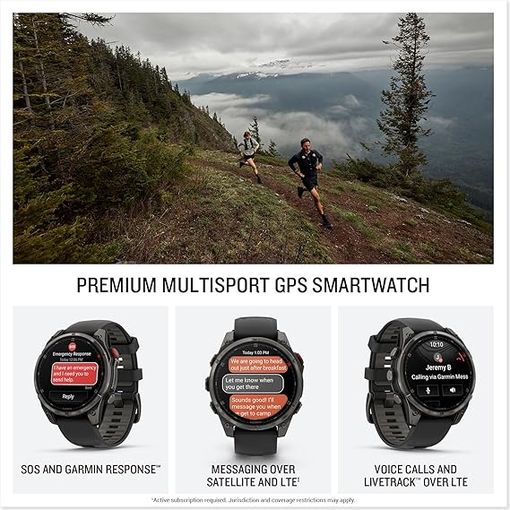 Garmin Fenix 8 Pro 47mm، تقنية inReach، ساعة ذكية GPS متعددة الرياضات متصلة متميزة، شاشة AMOLED، ياقوت، رمادي كربوني DLC تيتانيوم مع حزمة شريط سيليكون أسود/رمادي حصوي