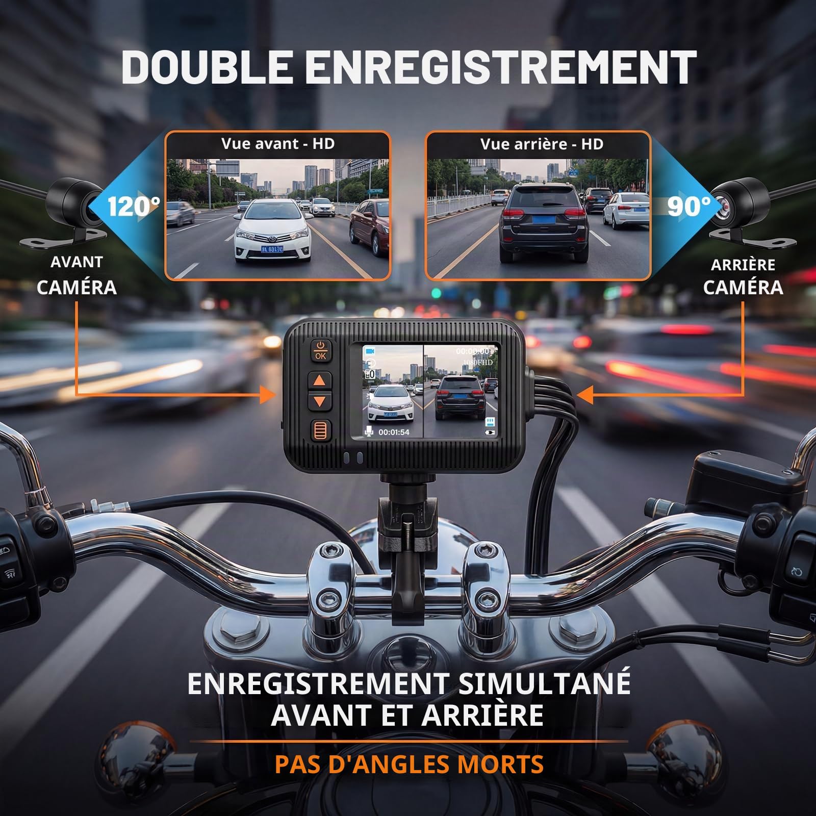 CAMECHO Dashcam Caméra Embarquée pour Moto Écran 2 Pouces, Double Objectif 1080P à l'avant 120° et 720P à l'arrière 90°, étanche IP67, Caméra pour Moto avec HDR, Capteur G, Enregistrement en Boucle