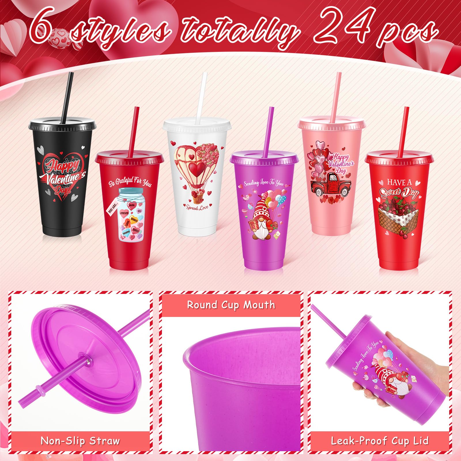 Uiifan Lot de 24 gobelets en plastique réutilisables avec couvercle et paille pour la Saint-Valentin avec couvercle et paille - 710 ml (tendance)