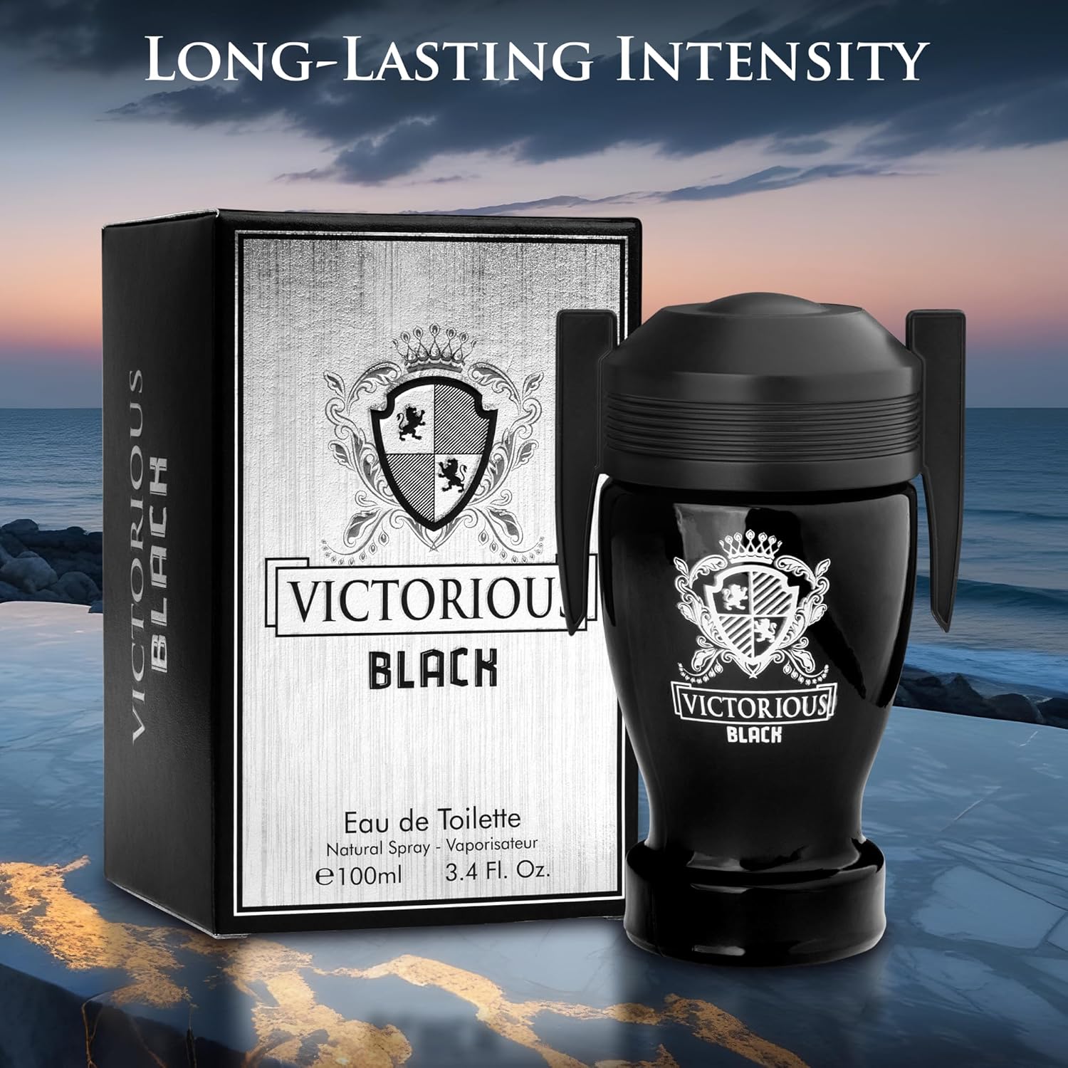 Victorious Black for Men Eau De Toilette 3.4 Fl Oz- Top Notes of Juicy Mandarin Orange & Grapefruit Blended with Sea Notes Base Notes of Ambergris, Guaiac Wood, Patchouli & Moss Elegant 100ml Bottle - Image 4