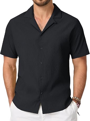 Cavva Men's Shirts Cuban Guayabera Casual Short Sleeve Button Down Textured Shirt Lightweight Summer Beach Hawaiian Shirts