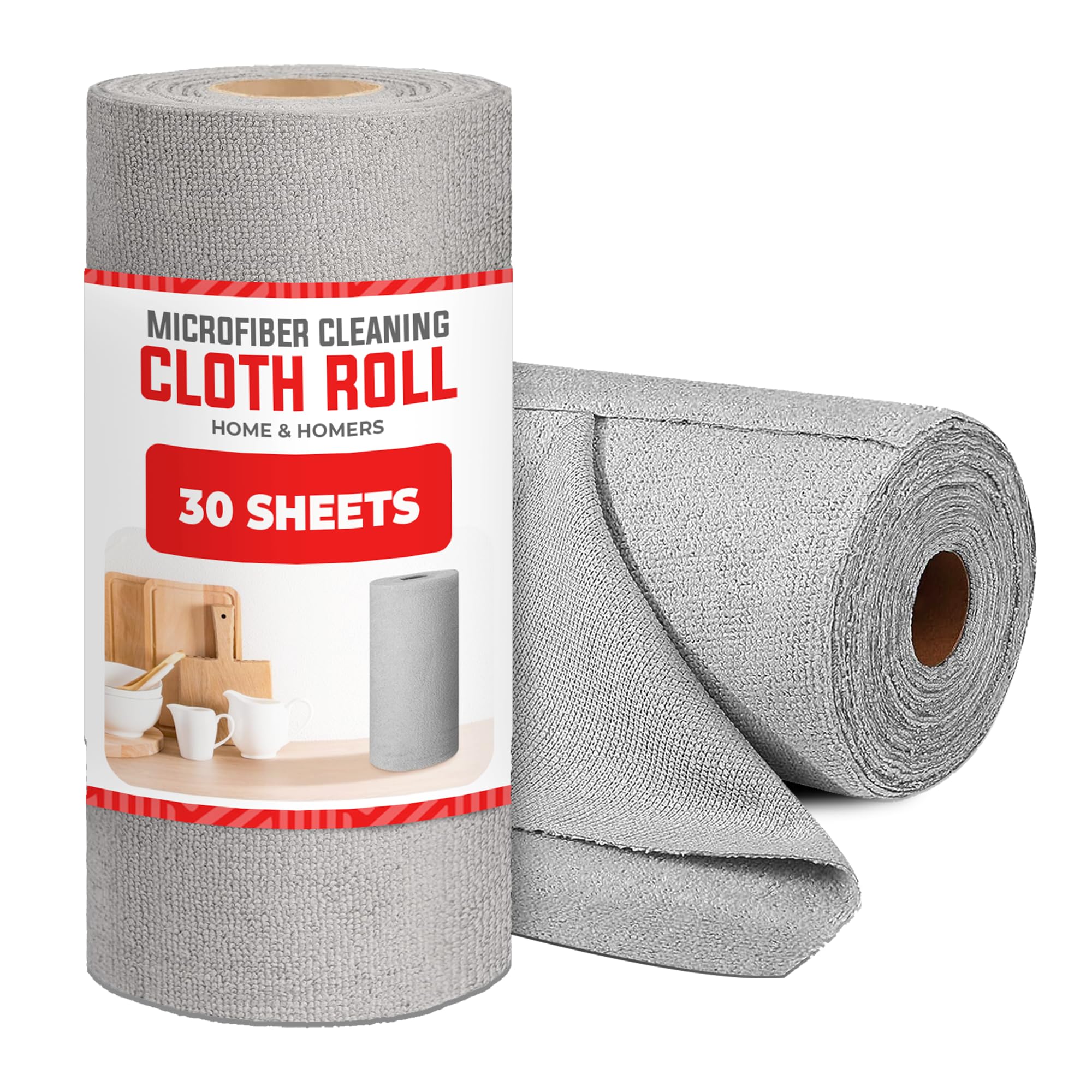 30 Sheets Microfiber Cleaning Cloth Roll - 12x12 inch Reusable Towels Washable Rolls – Microfiber Dishcloths Absorbent Rags for House, Kitchen, Car, and Garage (Grey - 30)