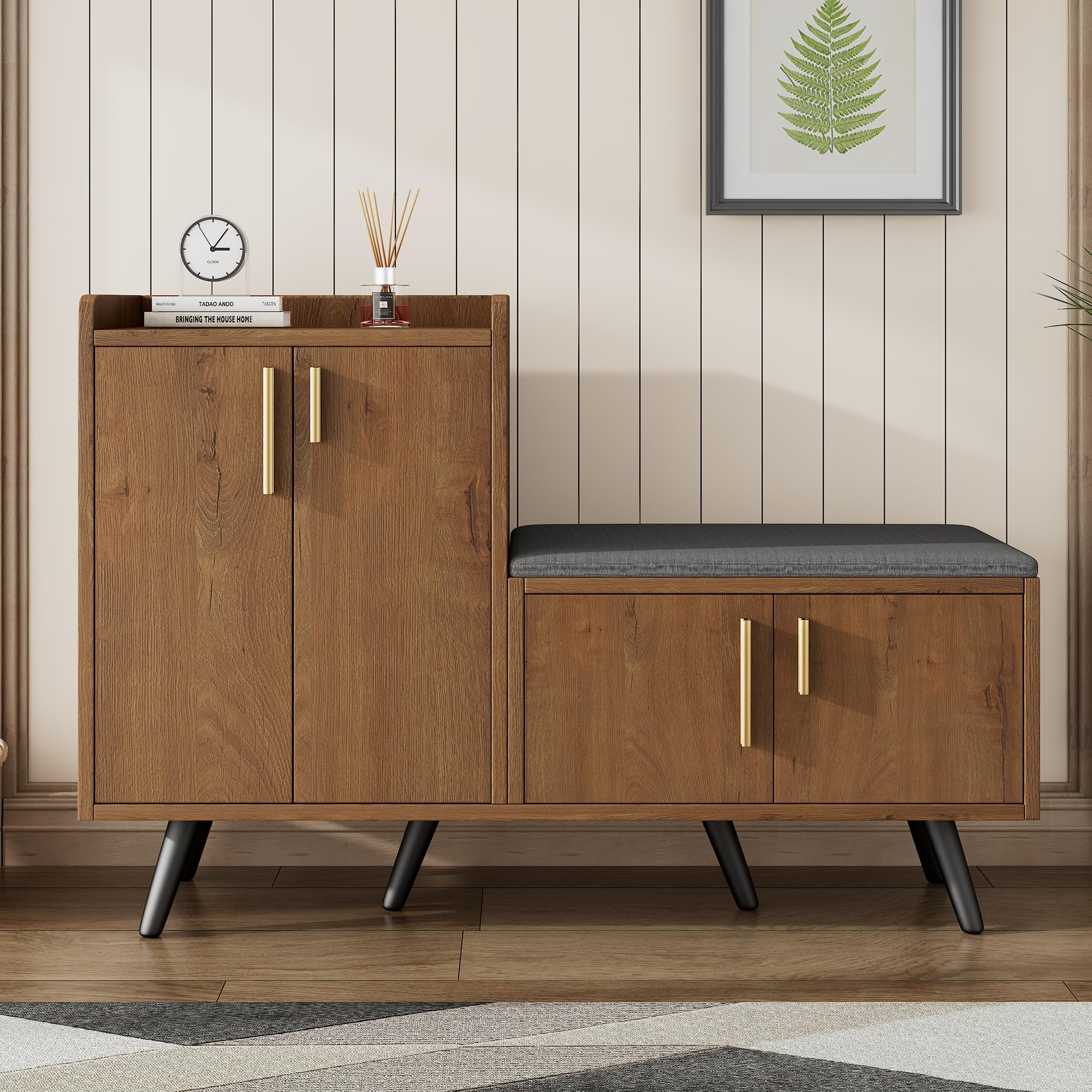 Zapatero moderno, 120 x 34 x 82,8 cm, equipado con cuatro puertas de almacenamiento, asas de metal asimétricas (color madera)