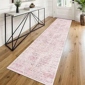 KUTA Vintage Washable Runner Rug, 2x8 Pink Runners for Hallways Non-Slip Floral Kitchen Rugs Ultra Soft Printed Distressed Tribal Floor Carpet for Bedroom Living Room Nursery Playroom