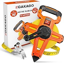 Gakago Mètre ruban 30m - Mètre enrouleur à 3 démultiplications avec levier pliable - Poignée ergonomique et antidérapante du mètre - Rouleau de mètre ruban avec pointe de marquage des points de mesure