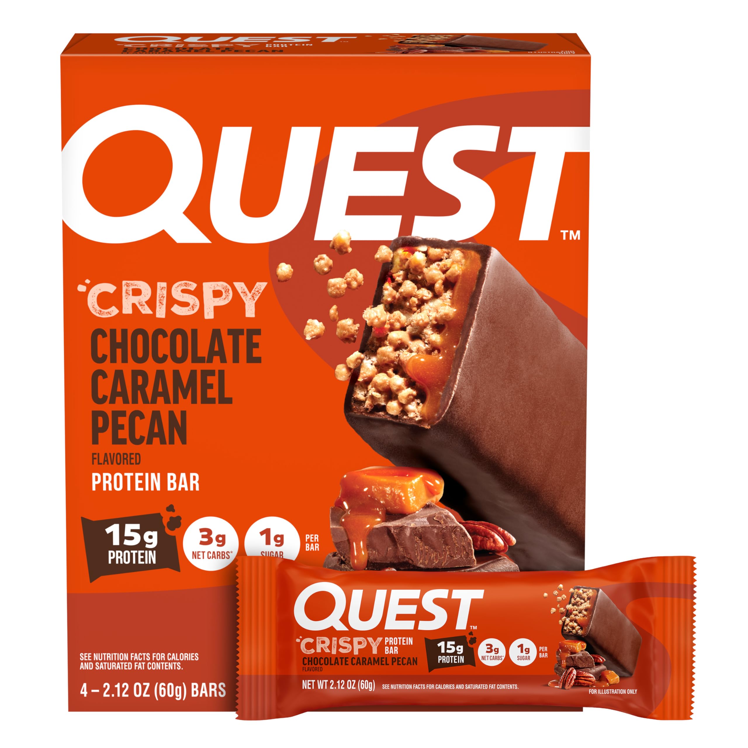 Quest Nutrition Crispy Chocolate Caramel Pecan Hero Protein Bar, 15g Protein, 1g Sugar, 3g Net Carb, Gluten Free Protein Snack, Keto Friendly, 4 Count