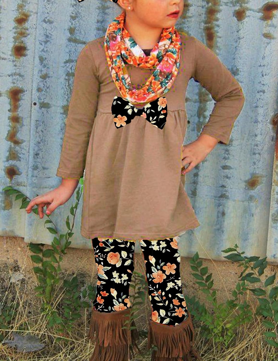 Yekaty Girls Clothing Set 2 Pcs Floral Soft Crewneck Long Sleeve Top+Leggings Loose Outfits With Bowknot - Image 3