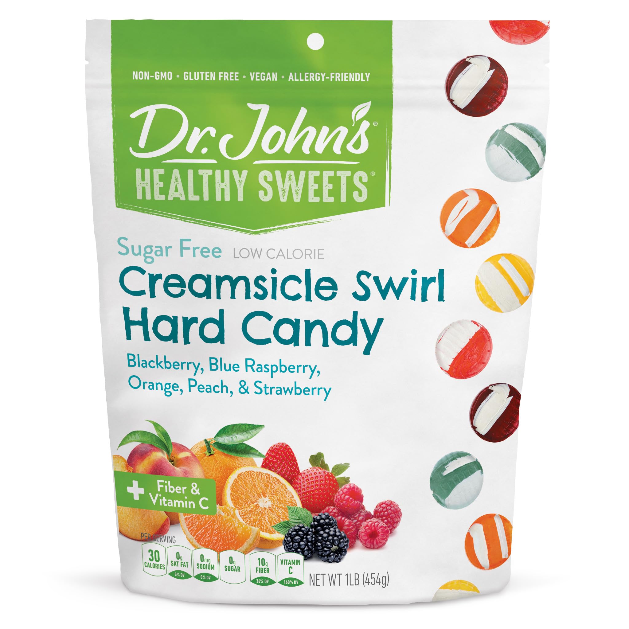 Dr. John's Healthy Sweets Creamsicle Swirl Hard Candy with Zero Sugar, Dye-Free, Plant Based, Keto Friendly, 100 Count, 1 LB Bag