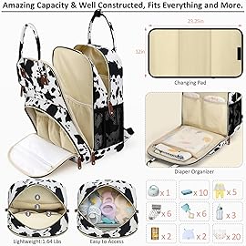 Tenot Diaper Bag Backpack for Women with Changing Pad, Baby Bag with Insulated Pockets Multifunctional Diaper Bags For Baby Girl Boy Waterproof Baby Bags For Boys Girls Maternity Bag Cow Print