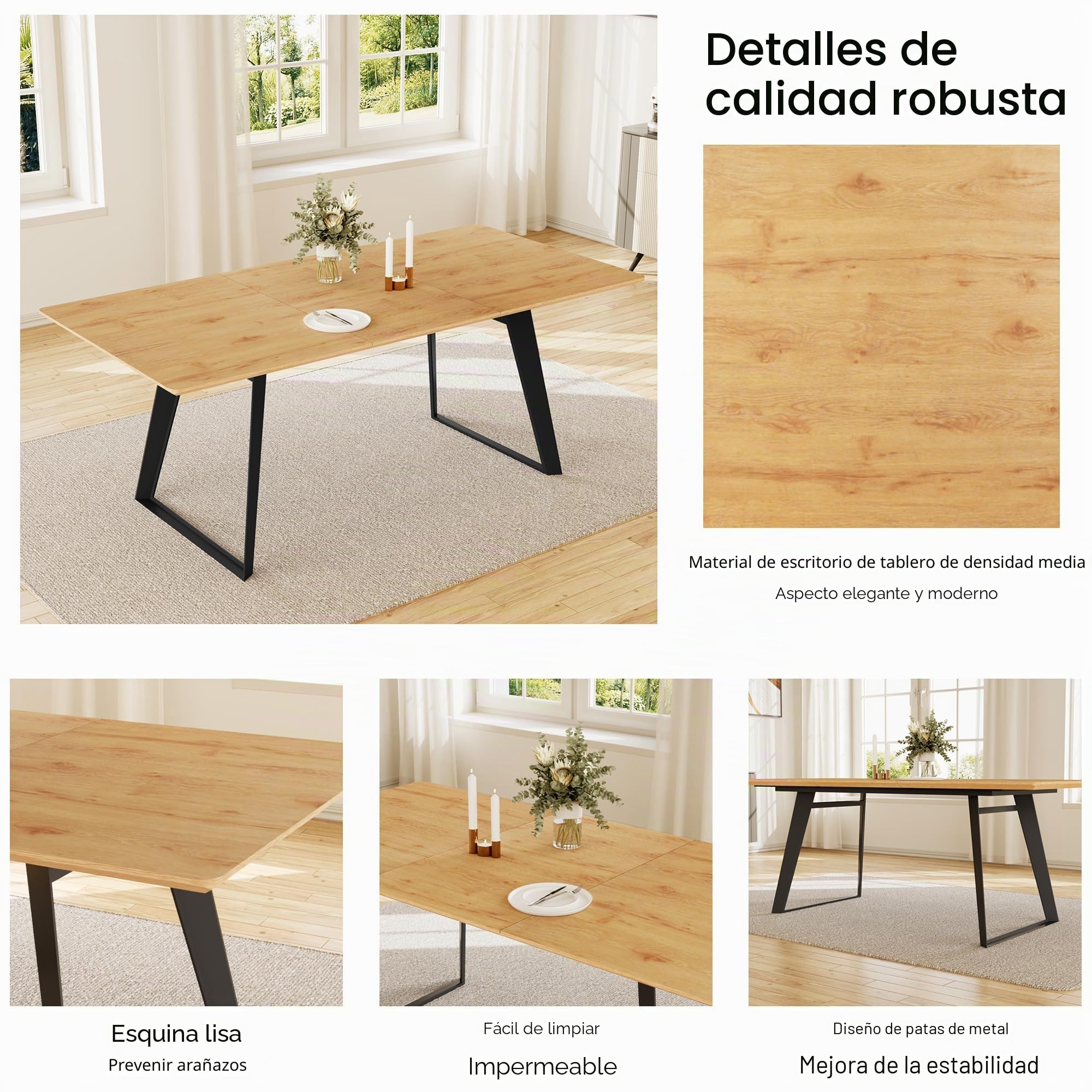HIPIHOM Juego de mesa de comedor extensible de 130 a 170 cm, tablero de fibra de densidad media y estructura de metal, para 4 – 6 (1 mesa de comedor)