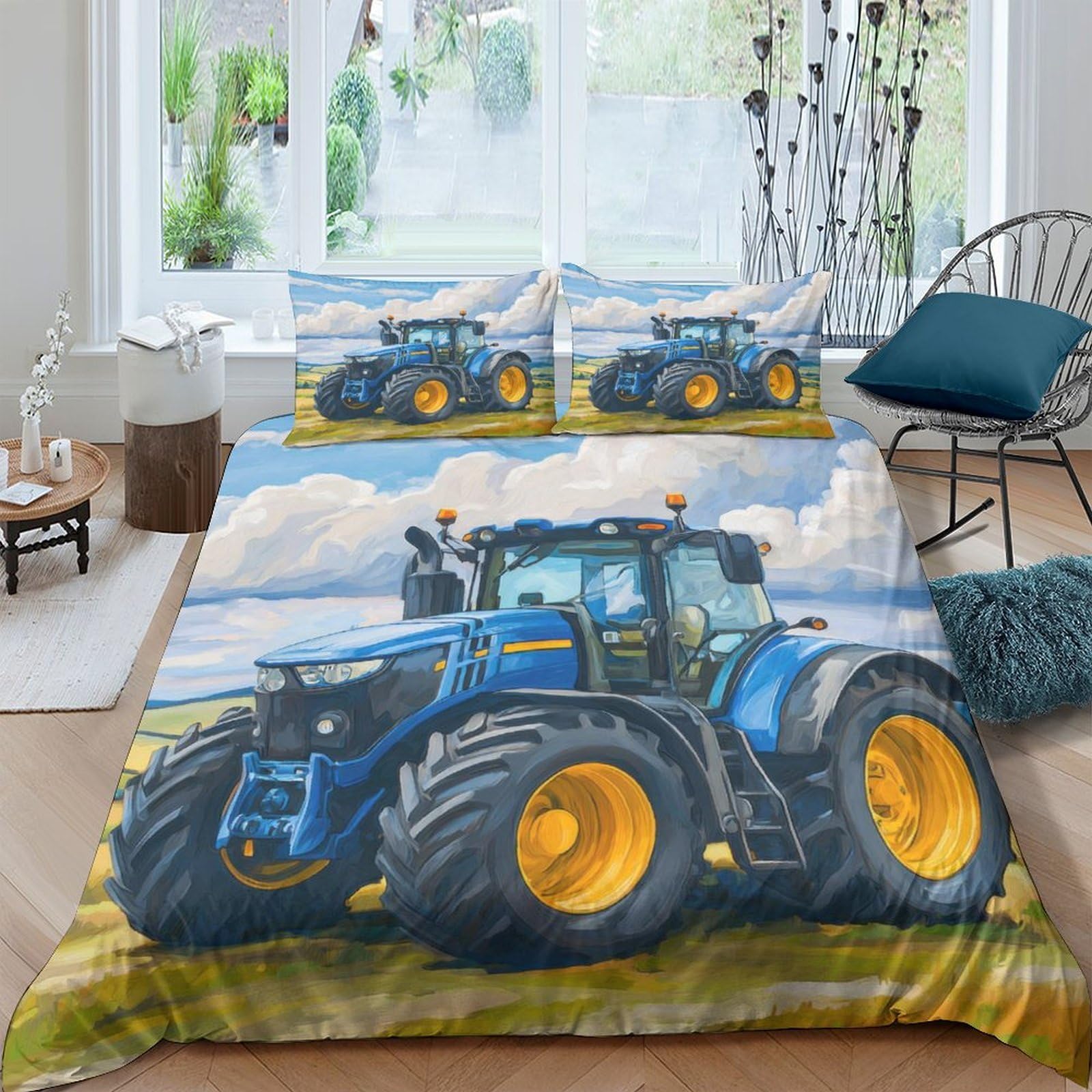 Ctjqhvkz Style-2 3D Printed Blue Tractor Fitted Sheet Microfiber Soft Anti-Slip Farm Field Mattress Cover For Bedroom Guest Room Single（135X200cm）