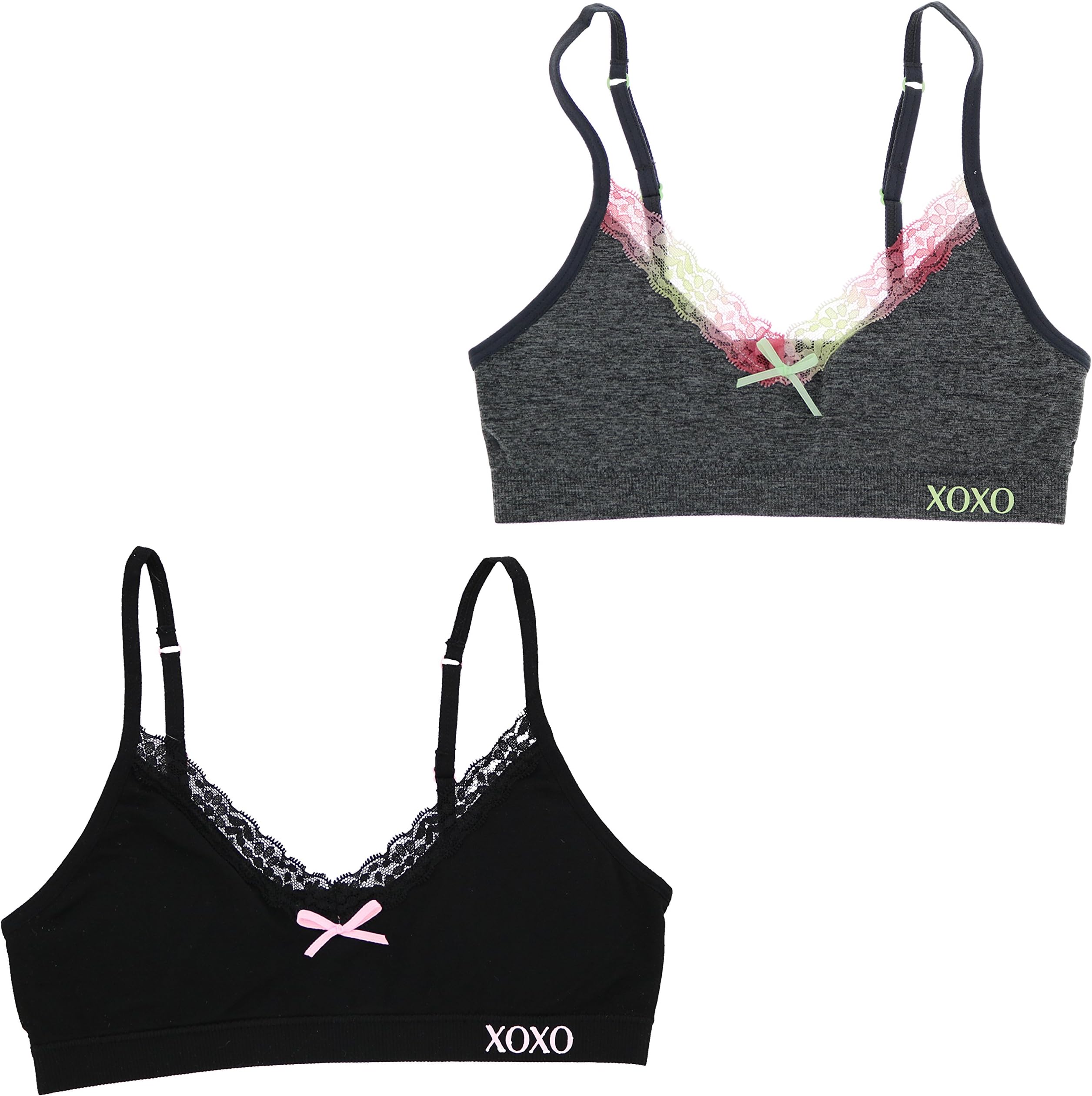 XOXO Girl Training Bra Set With Removable Pads, Lace Trim (2 Bras) (32 Medium, Black, Grey)