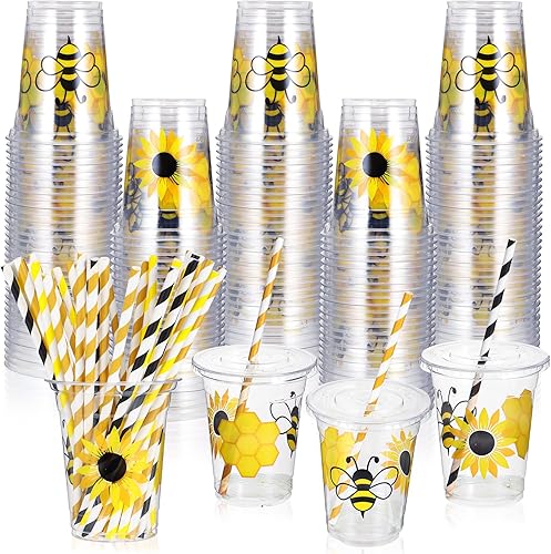 Sliner 120 vasos de plástico desechables para fiesta de abejas de 12 onzas, vasos desechables de plástico de abeja de miel con pajitas de papel para