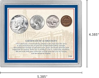 American Coin Treasures USA Four Most Famous Coins, Genuine Coin Set, Buffalo Nickel, Indian Head Cent, Bicentennial Half Dollar and Quarter, Certificate of Authenticity