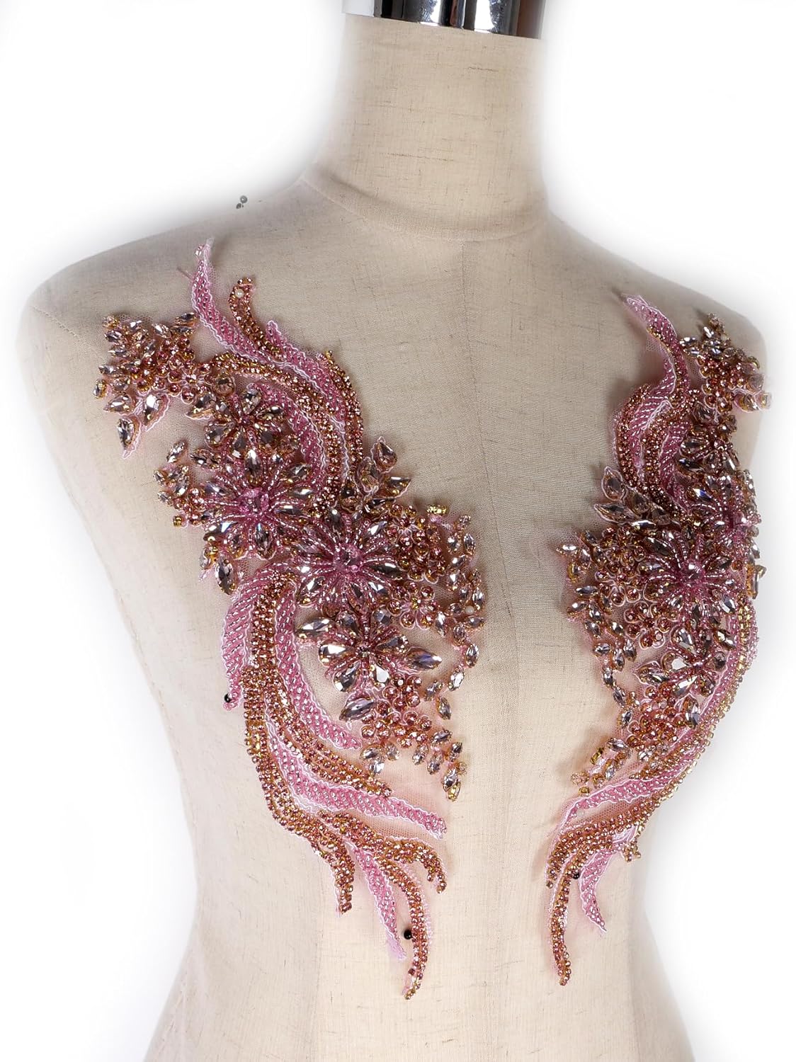 Hand-Made Beaded Rhinestons DIY Clothing Appliques Patch,Beaded Applique for Wedding Dress Decoration,Rose Gold/Pink/Silver/Red/Black Flower Applique by Pair (Pink)