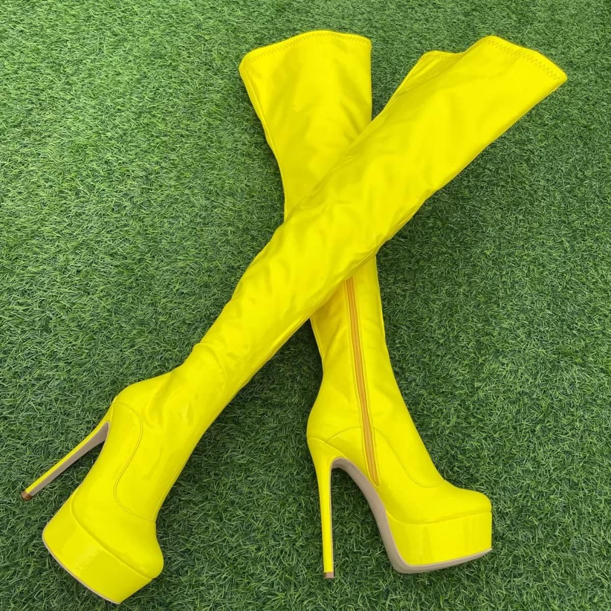 Frankie Hsu Punk Platform Stiletto Over The Knee Boots, Yellow Patent Thigh High Style, Large Big Size Fashion Goth Modern Heeled Long Tall Shoes For Women Men