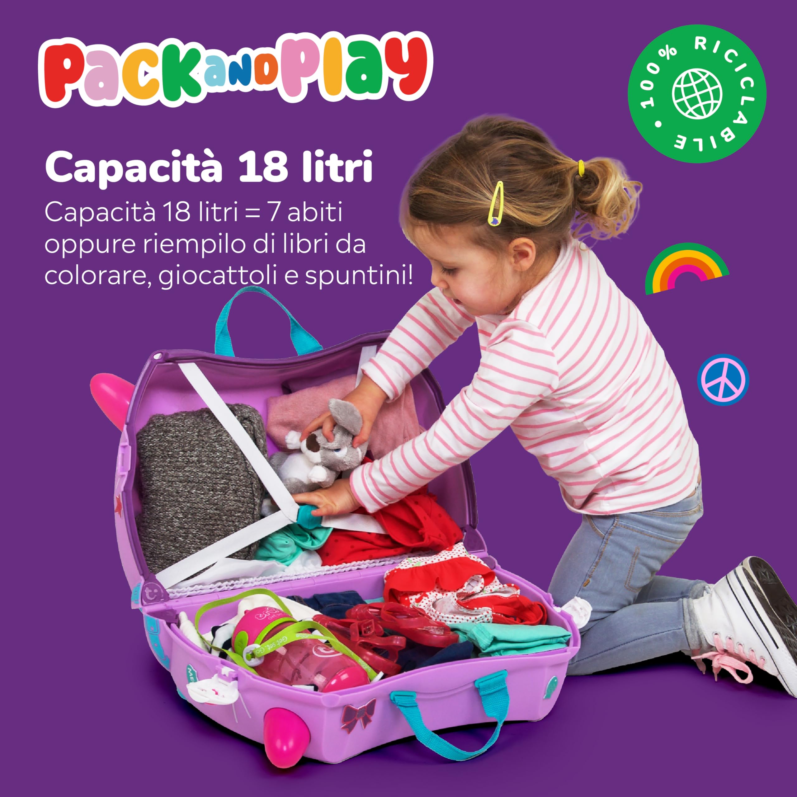 Trunki Valigia Cavalcabile per Bambini – Trolley Bambini Bagaglio a Mano – Valigia Cavalcabile Cassie Gatta (Lilla)