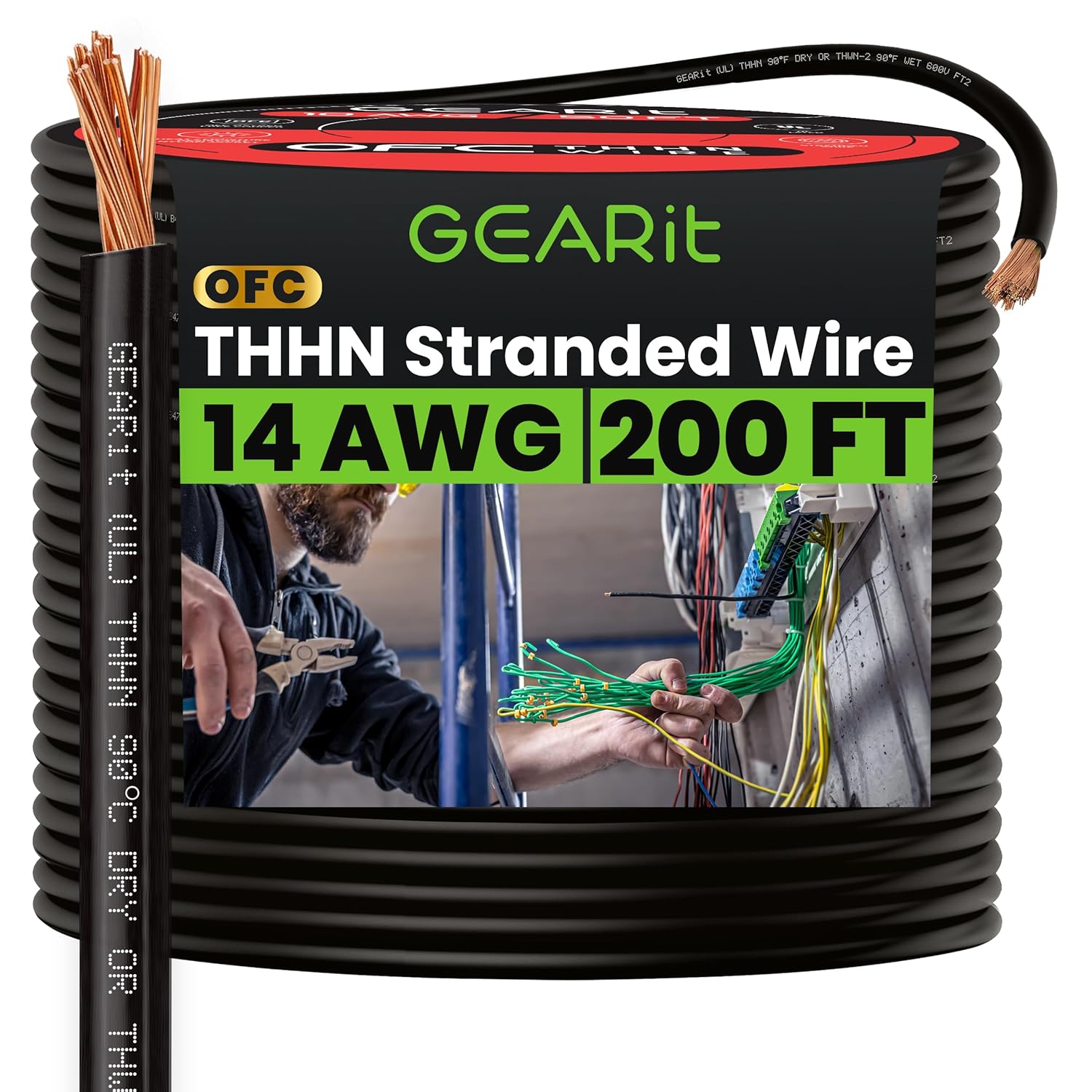 GEARit Stranded THHN Wire (14 Gauge, 200 Feet) 100% OFC Electrical Building Wire, Rated for Up to 600 Volts, Single Conductor, Nylon Jacket, UL Listed/RoHs Compliant - Black, 200ft
