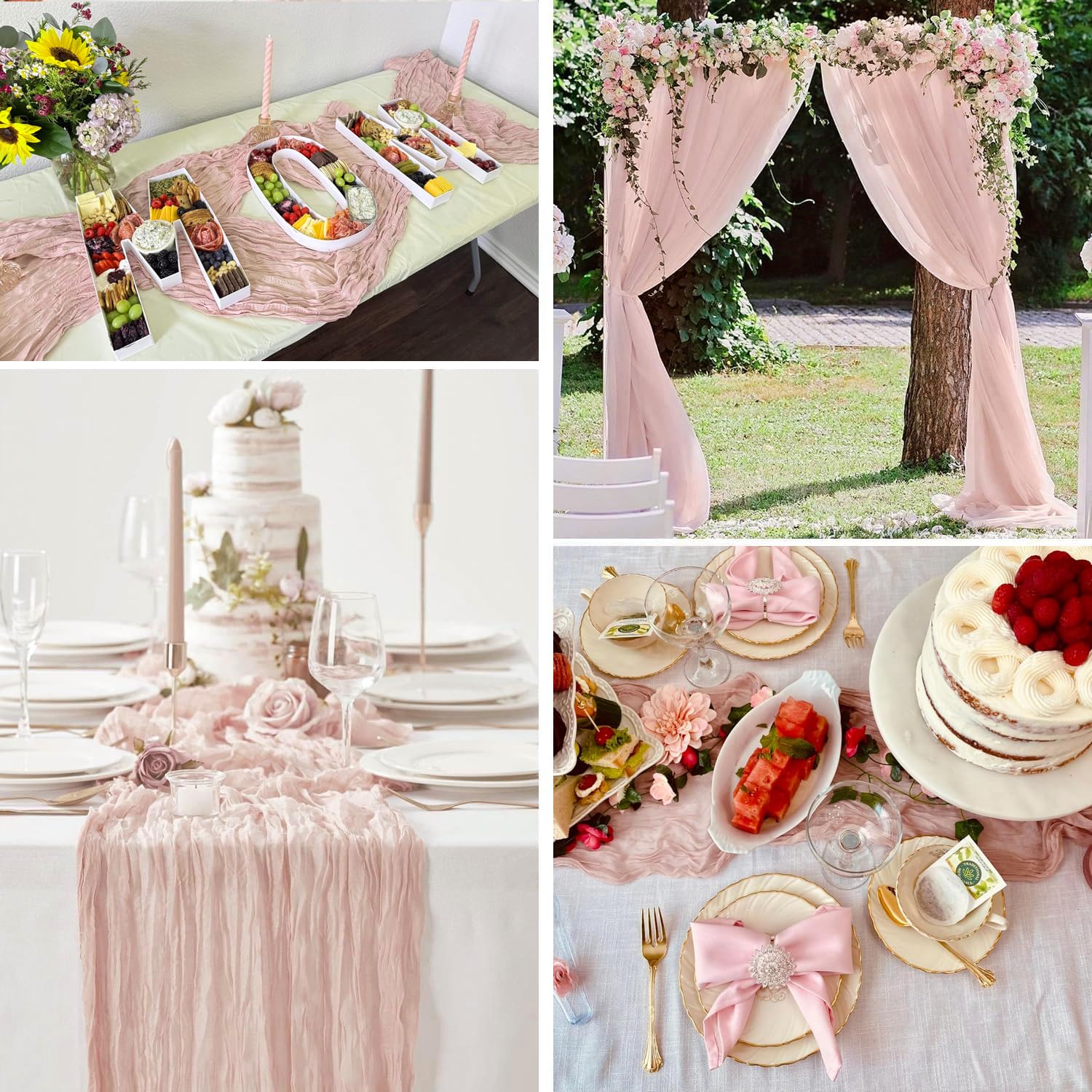 Paquete de 10 caminos de mesa de gasa rosa polvoriento, camino de mesa de gasa de 10 pies, camino de mesa rústico, bohemio, romántico, para boda, decoración de mesa para novia, baby shower,