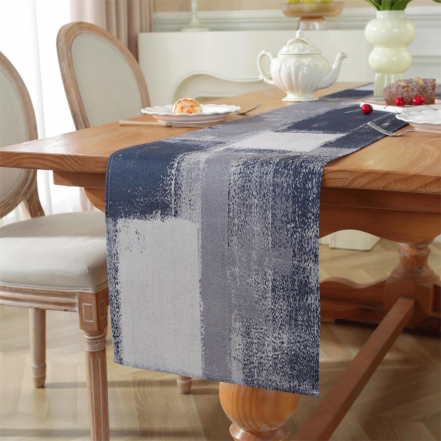 Tischläufer Aus Leinen, 40x140 Cm – Waschbar, Mit Abstraktem Blattmuster In Blau, Perfekt Für Esstisch, Hochzeit Oder Party