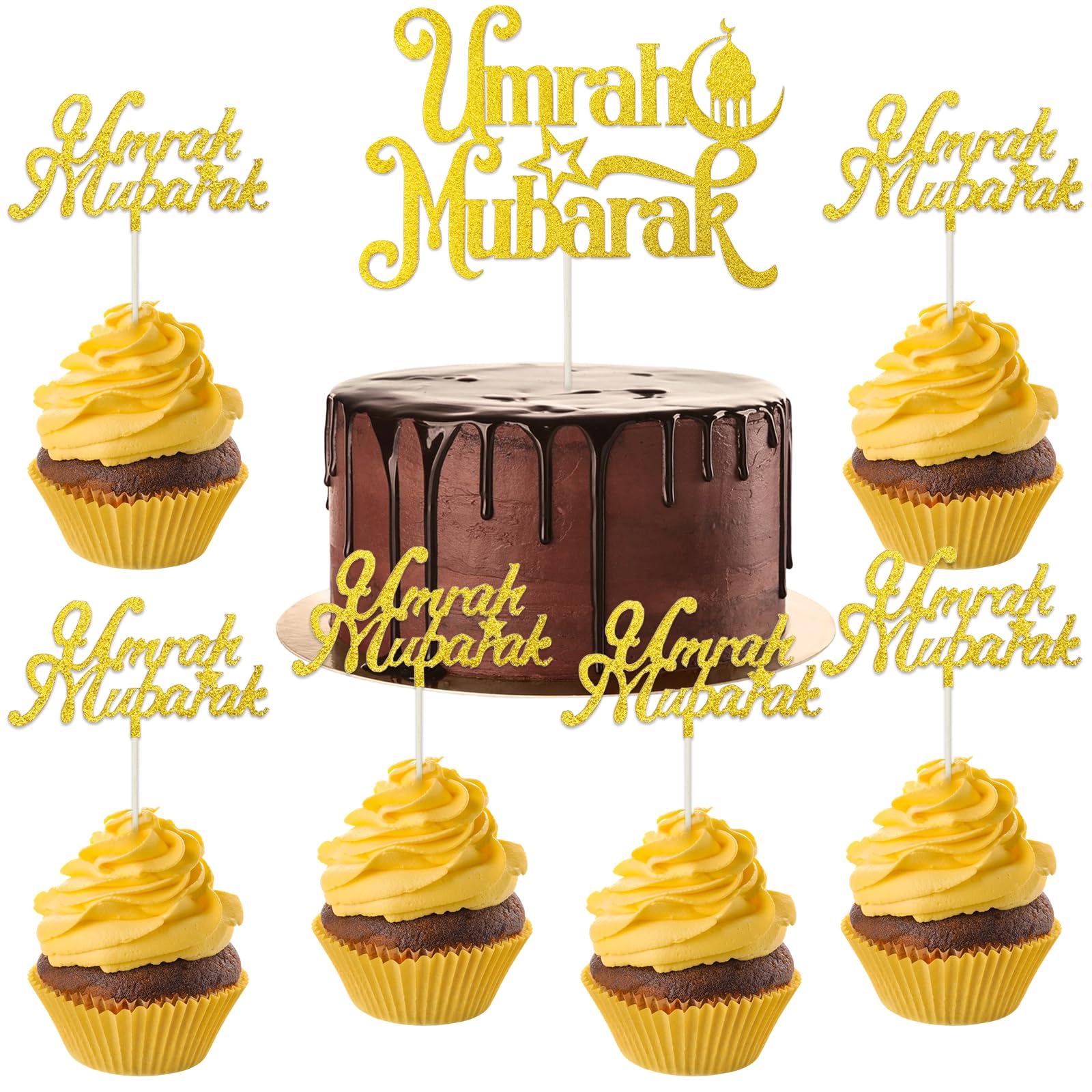 13PCS Umrah Mubarak Cake Topper,Gold Elegant Flash Cake Topper,Moon Star Eid Mubarak Cupcake, for Eid Islamic Muslim Theme Party Cake Decorations Supplies