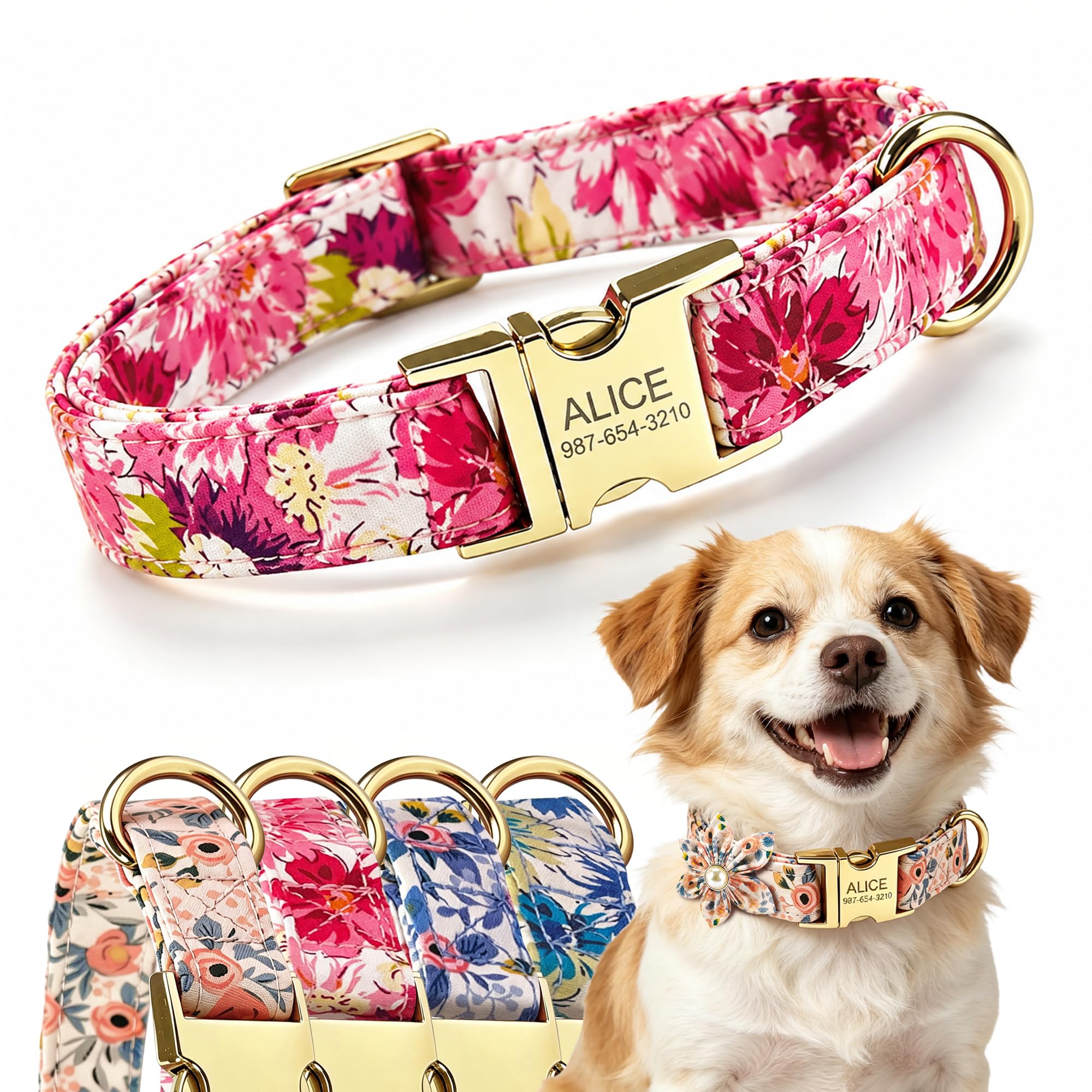 Personalized Cute Floral Print Dog Collar, Custom Engraved with Pet Name & Phone Number, Adjustable Soft Padded No-Jingle Collar for Small Medium Large Dogs