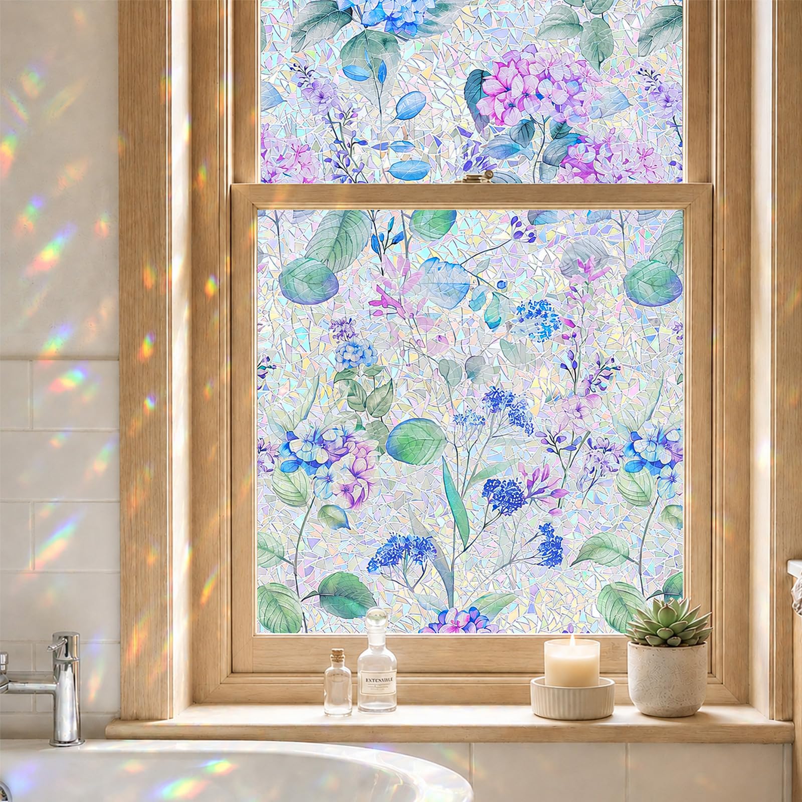 ADD.HERES Stained Glass Window Film Privacy for Glass Windows, Window Film Privacy Vinyl Frosted No-Glue Static Cling for Home Kitchen Office, Hydrangea Blossoms 44X200CM