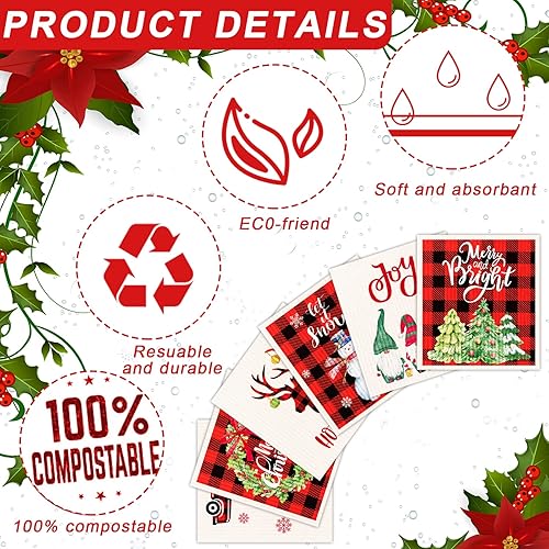 Miniatura 10 de Juego de 6 paños de cocina suecos de Feliz Navidad, muñeco de nieve, juego de paños de cocina de búfalo negro, gnomos de Navidad, toallas de mano,