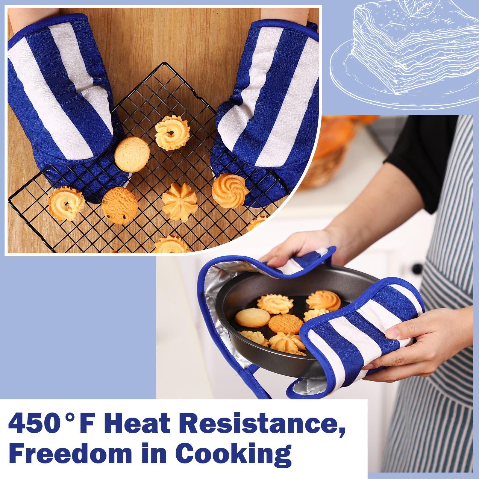 Reallnaive Juego de 4 manoplas de horno y soportes para ollas para cocina, guantes de horno de algodón a rayas, resistentes al calor, 260.0 °C, exteriores, interiores, jardín, hornear, cocinar