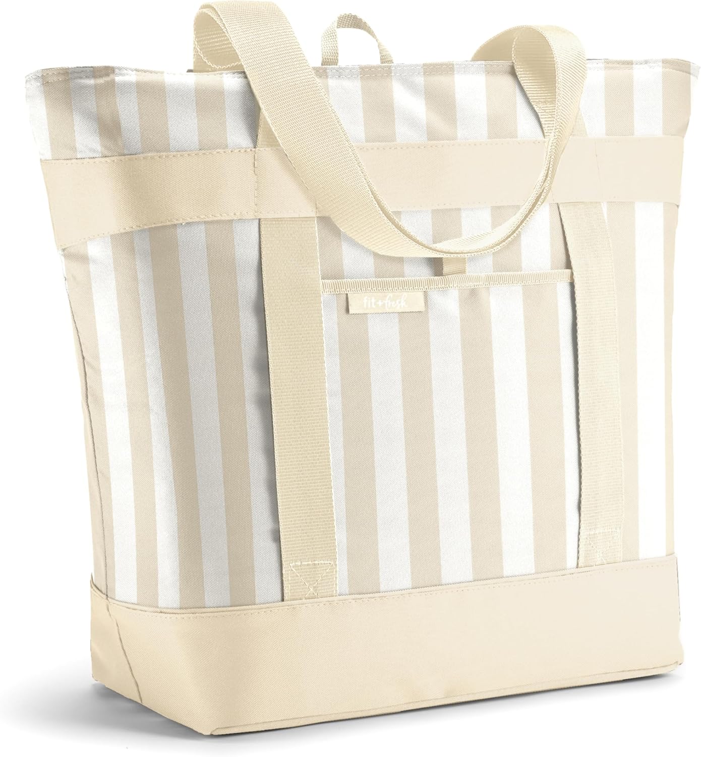 Fit & Fresh Insulated Grocery Tote Bag – Large Reusable Thermal Cooler Bag for Shopping, Food Delivery & Catering – Premium Leak Resistant Food Carrier, Foldable Soft Cooler, Taupe Stripe