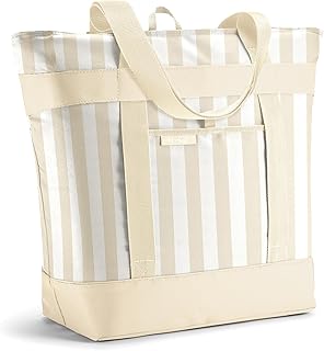 Fit & Fresh Insulated Grocery Tote Bag – Large Reusable Thermal Cooler Bag for Shopping, Food Delivery & Catering – Premium Leak Resistant Food Carrier, Foldable Soft Cooler, Taupe Stripe