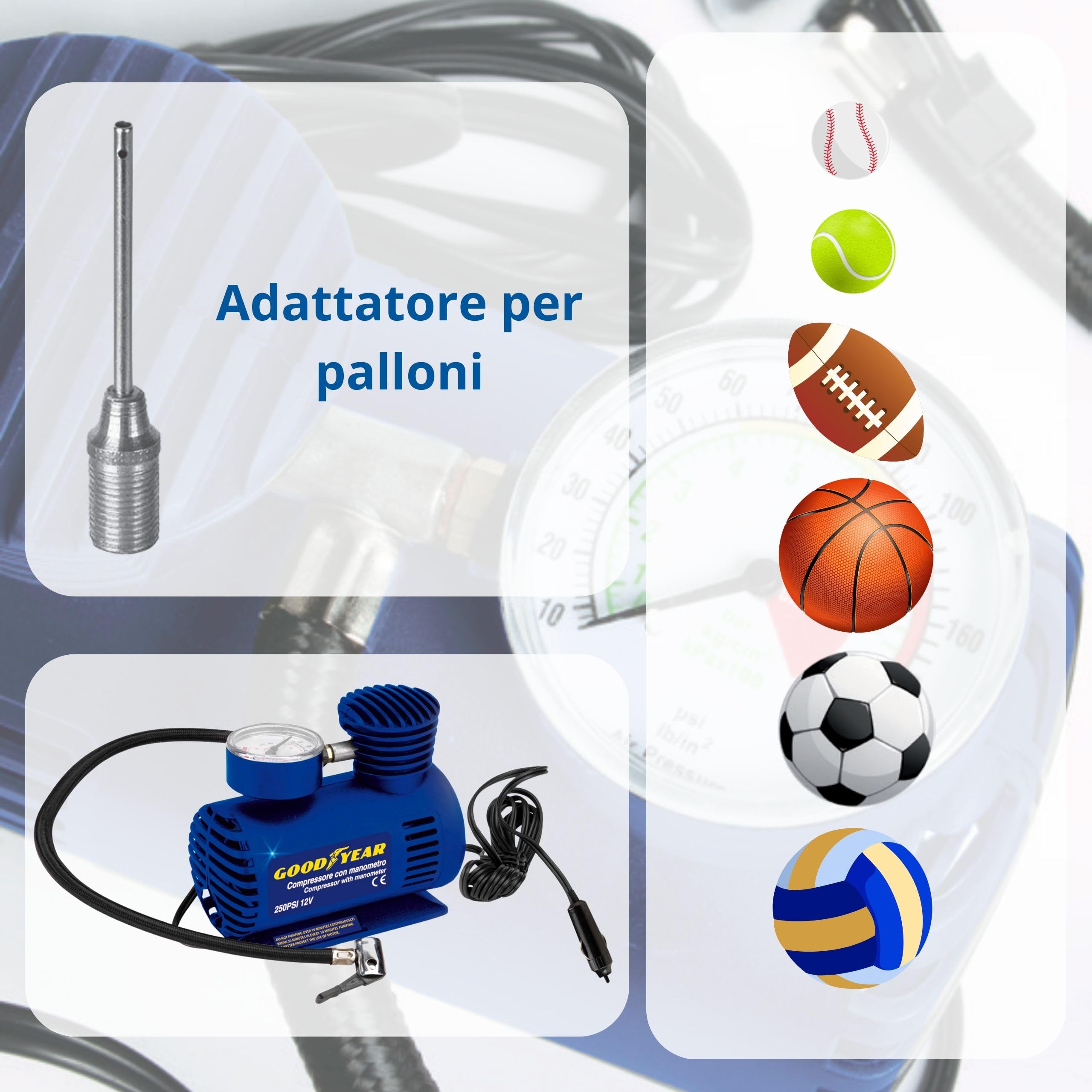 Goodyear Compressore con Manometro 12V 250 PSI, per Auto, Moto, Bici e Attrezzature Sportive, con 4 Accessori inclusi, Attacco Presa Accendisigari, Compressore Portatile