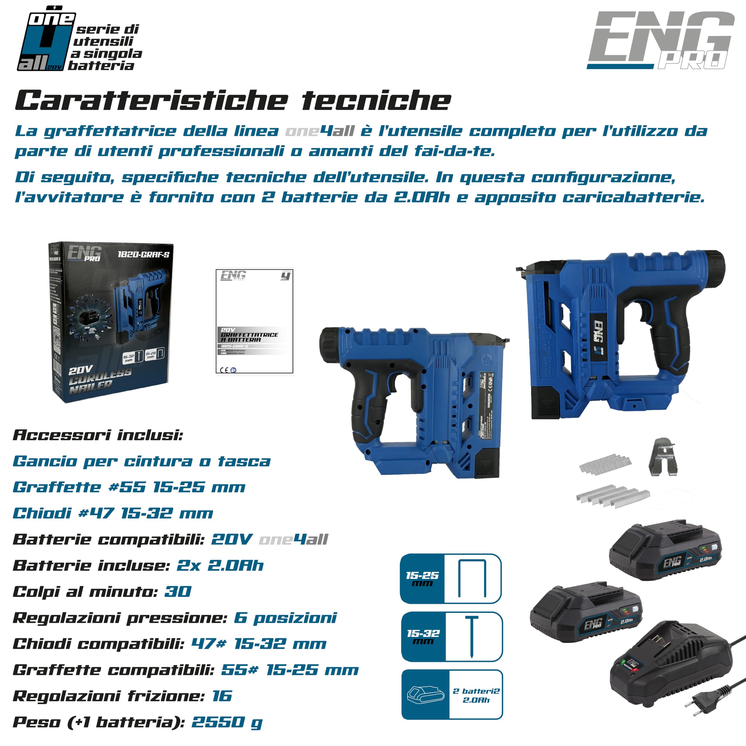 Graffettatrice e Sparachiodi 2-in-1 | Linea Professionale ONE4ALL 20V | 30 Colpi al Minuto, 6 Regolazioni di Pressione | Sicurezza Ergonomica, Luce LED | 2 Batterie 2.0 Ah