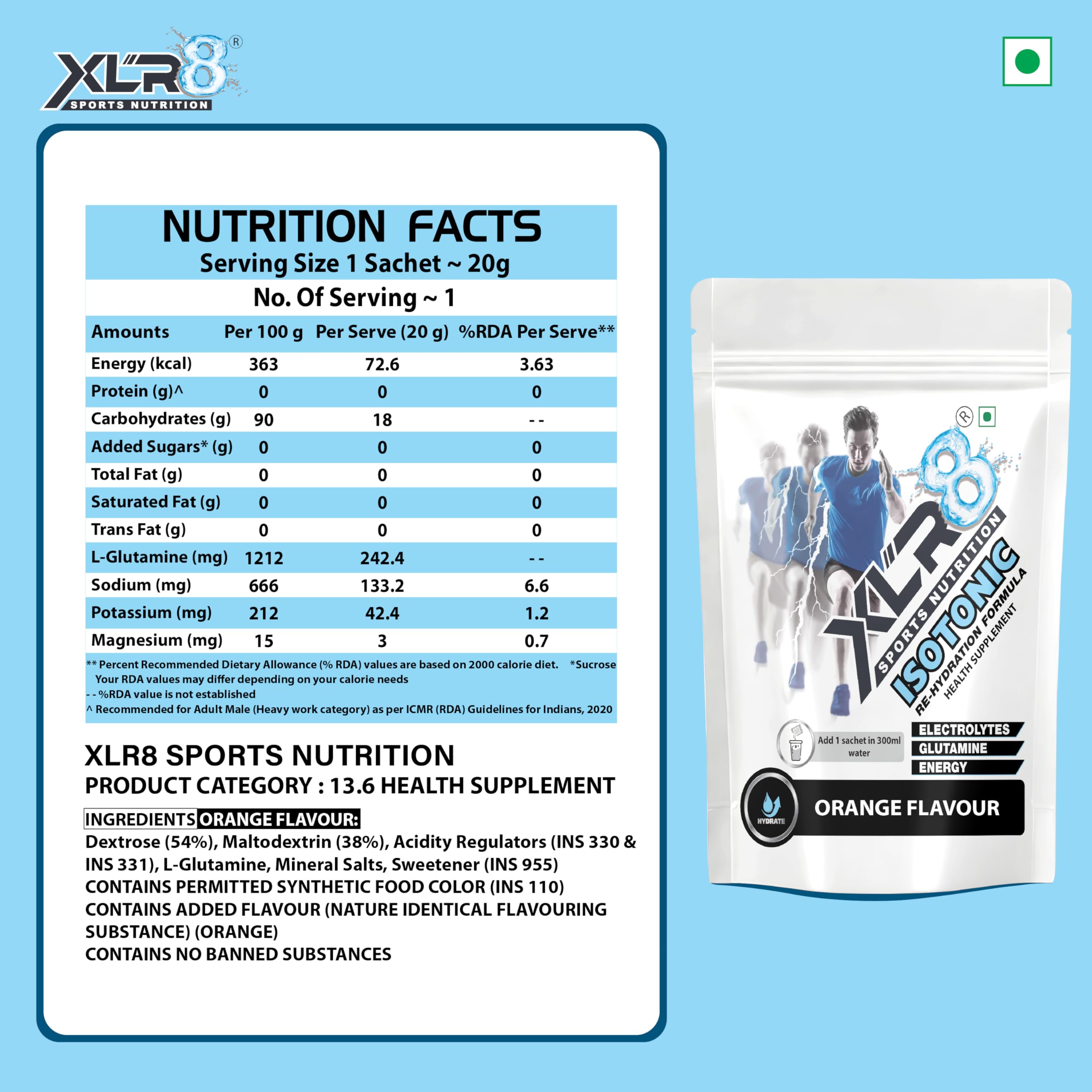XLR8 Electrolytes Powder (15 x 20g with Shaker) | High Performance Isotonic Sports Hydration & Energy Drink Mix with Sodium, Potassium, Magnesium, Glucose & Glutamine | Instant Rehydration for Workout, Running & Endurance |Orange 1