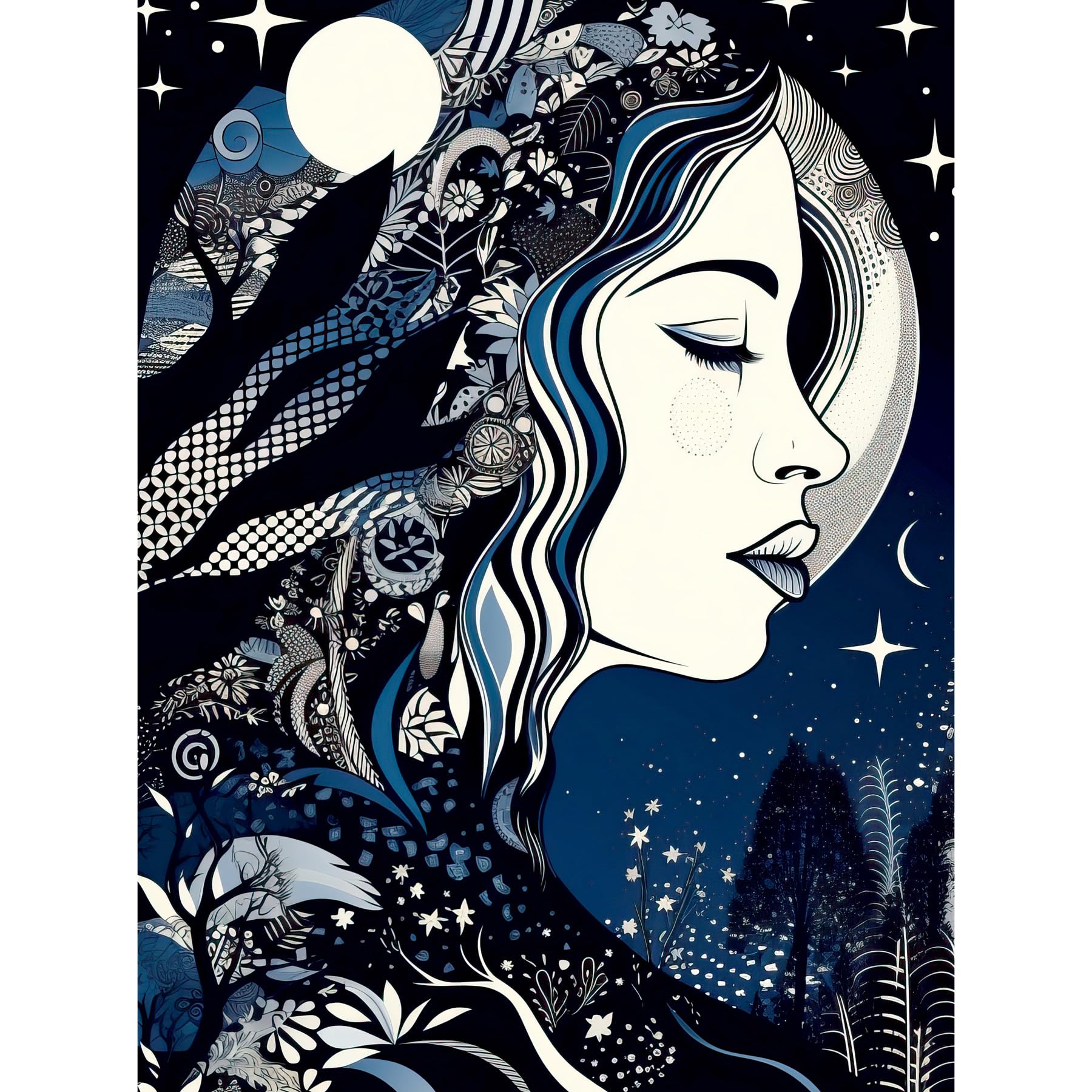 Artery8 Unframed Paper 12X16 New Moon Goddess Winter Moonlit Witchy Forest Starry Night Mother Nature Boho Patterns Unframed Art Print Poster Wall Decor 12X16 Inch
