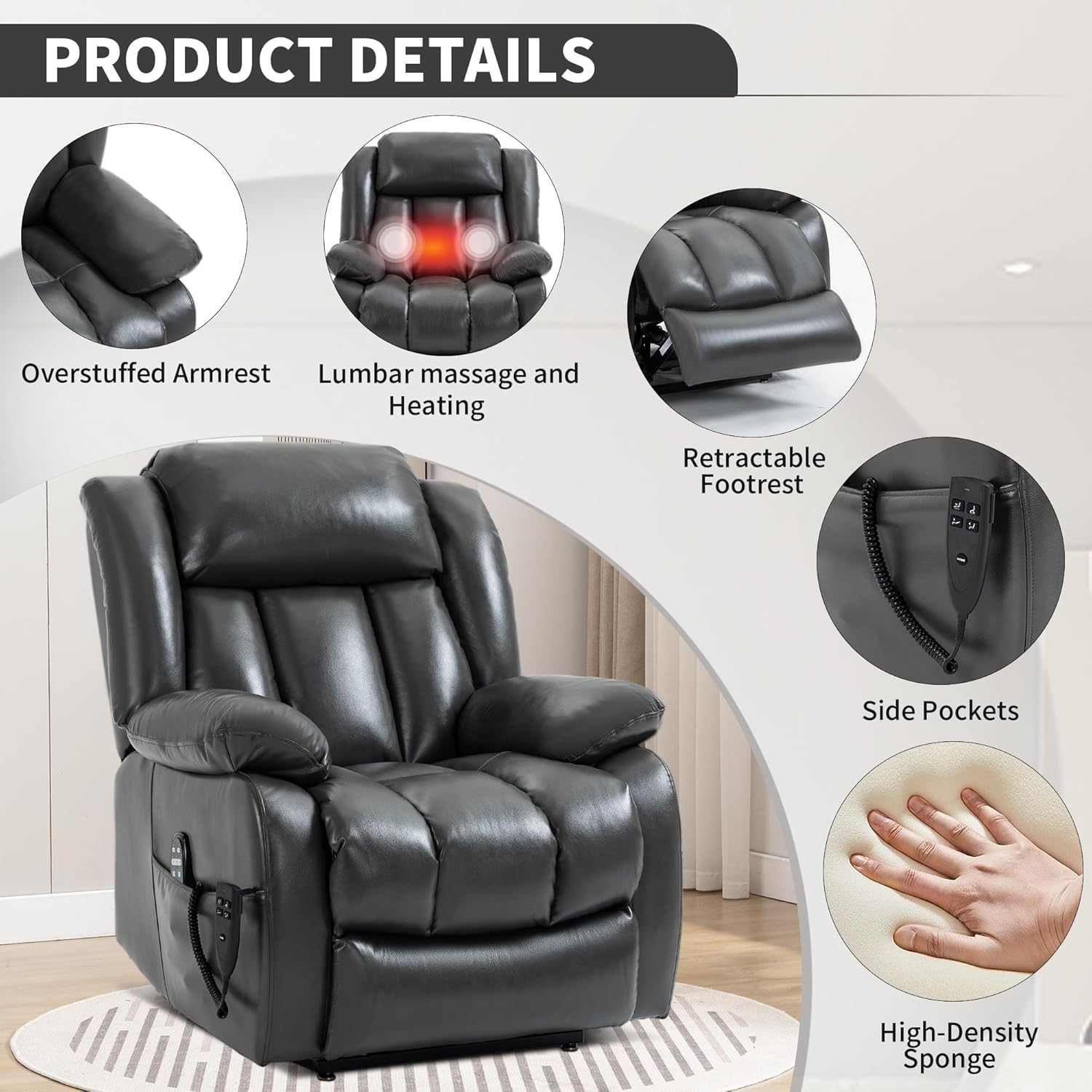 Sofa Chair Home Theater Seating Power Lift Chair for Elderly with Lumbar Support Oversized Bedroom Chair with Massage&Heat Leather Nursery Glider Chair Recliner Chairs for Adults