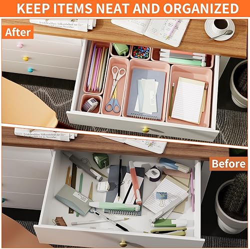 Miniatura 4 de Paquete de 45 bandejas organizadoras de cajones de plástico color rosa, almacenamiento de 3 tamaños para cocina, baño, oficina, tocador, maquillaje,