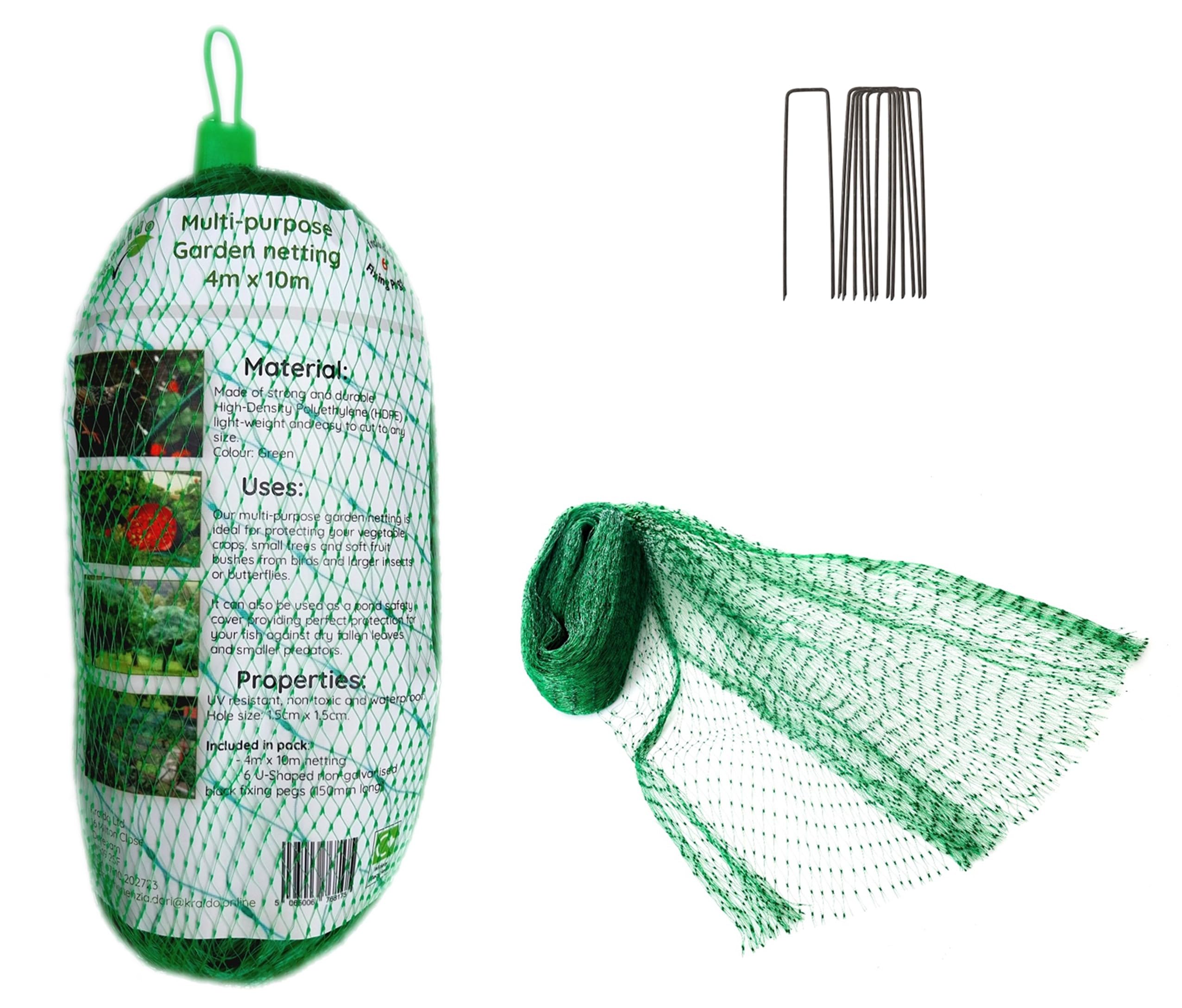 Kraido Garden Netting for Plants Fruit Vegetable Patch Grass Seeds Anti Bird Netting Kit with 8 U-Shaped Garden Pegs Pond Netting Cover Plant Netting Protection Garden Mesh Fence 4m x 10m