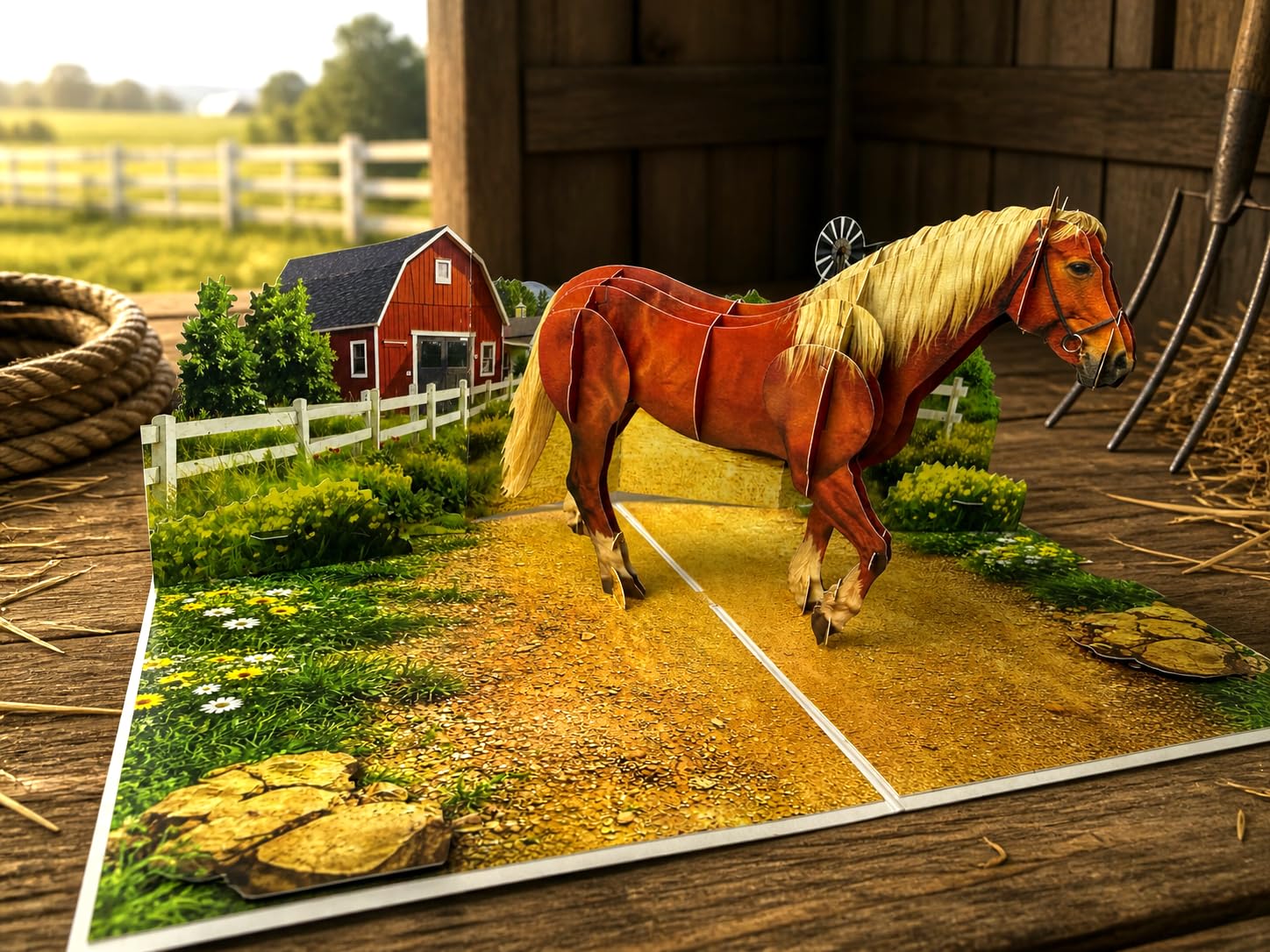 3D Pop Up Grußkarte - Pferde Bauernhof Szene mit Scheune & Landschaft - Handgefertigte Reitkarte zum Geburtstag, Vatertag, Pferdeliebhaber - Lasergeschnittene Ranch-Landschaft mit Umschlag