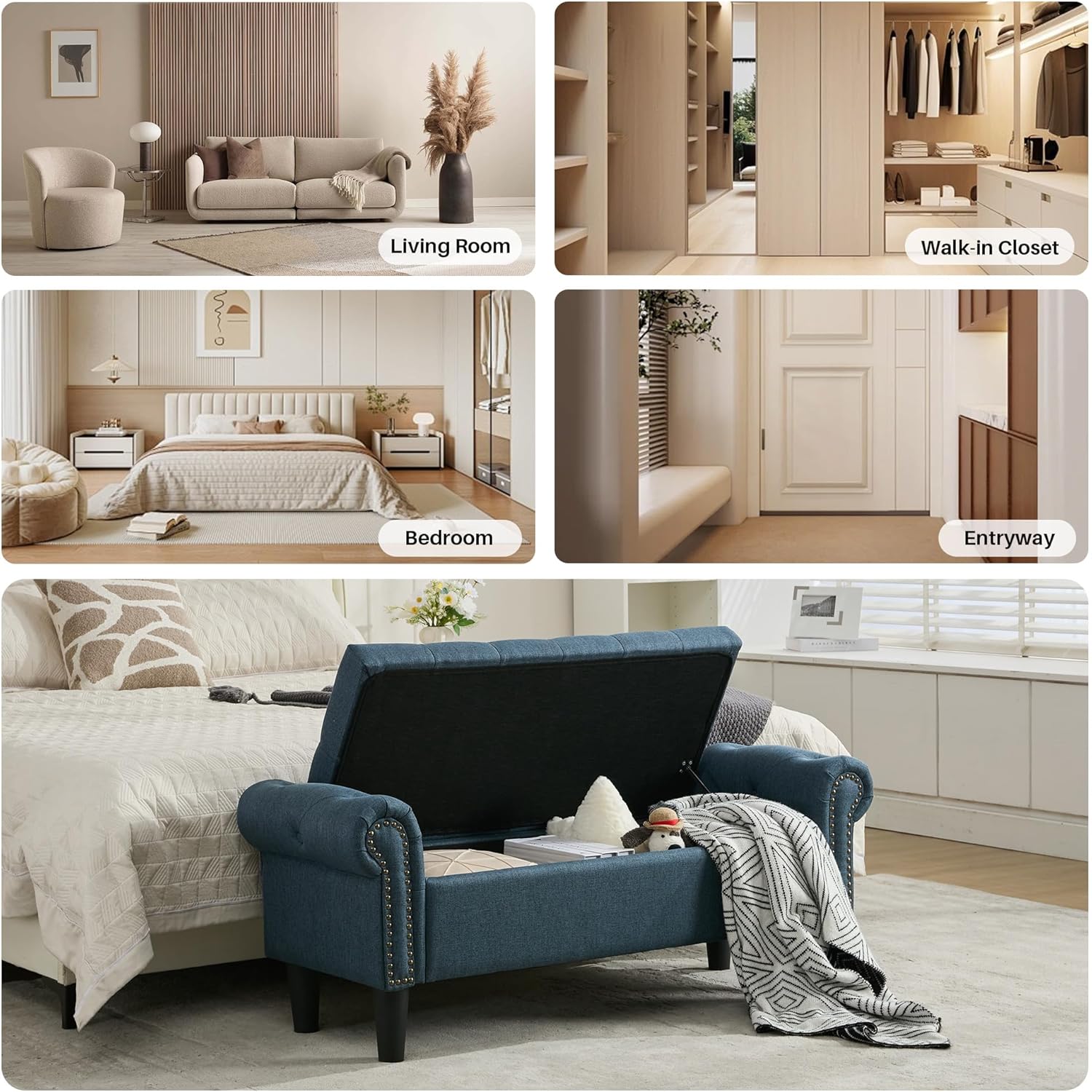 SOFTHION Storage Bench, 50" Queen End of Bed Bench, Linen Tufted Button Upholstered Bedroom Bench, Storage Ottoman with Rolled Arms, Window Bench with Storage, for Living Room, Entryway Dark Blue