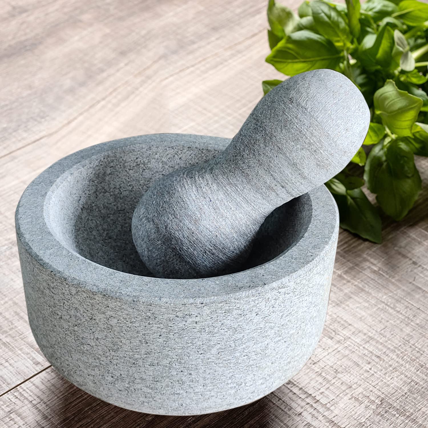 EZAHK Granite Stone Mortar and Pestle Set for Spices,Masher, Khalbatta, Kharal, Mixer, Natural & Traditional Grinder and Musal, Well Design for Kitchen, Home, Herb (8.5 in) - Kitchen Tools