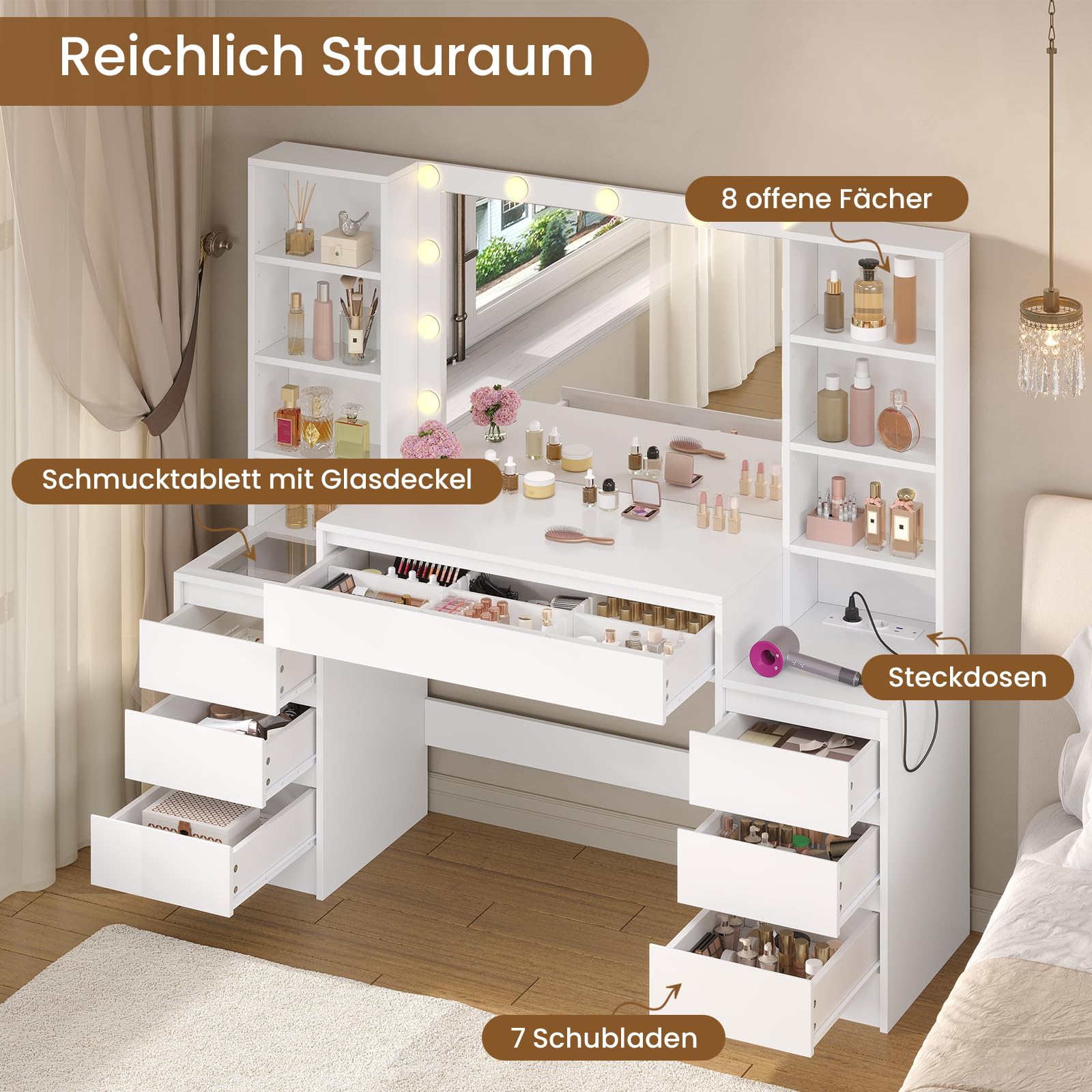 Schminktisch mit Beleuchtung, 3 Lichtfarben, Einstellbare Helligkeit, Kosmetiktisch mit Steckdosen, Frisiertisch mit 7 Schubladen, 8 offene Fächer, Schminktisch mit Spiegel, Verstellbare Ablagen, Weiß