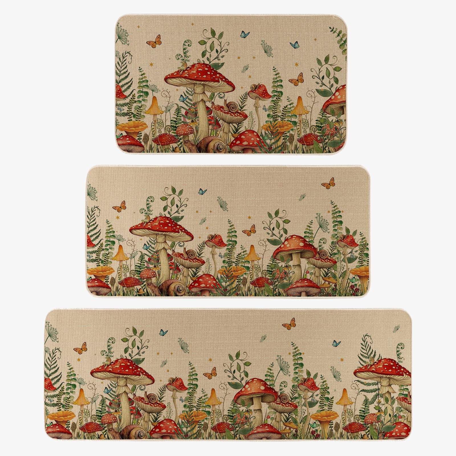 Moutina Mushroom Snail Kitchen Rugs Set of 3, Spring Summer Home Decor Low-Profile Kitchen Mats for Floor - 17"x29"+17"x36"+17"x47"