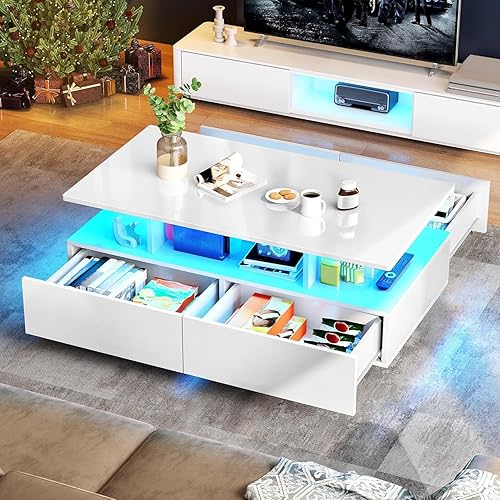Miniatura 6 de YITAHOME Mesas de Centro LED para Sala de Estar, Mesa de Centro de Alto Brillo con Almacenamiento de 4 Cajones Deslizantes, Mesa de Centro LED