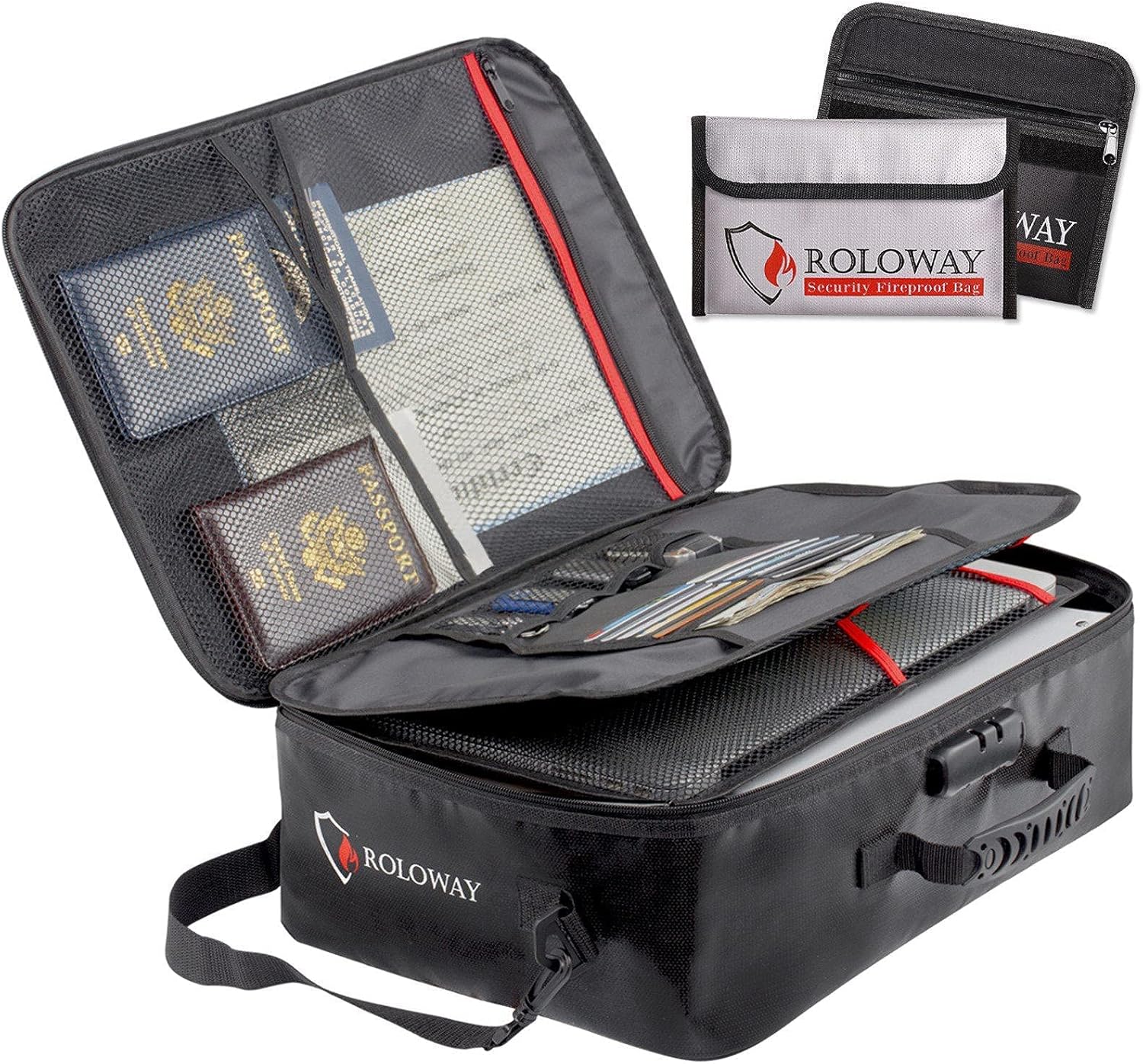 ROLOWAY Fireproof Document Bag (17 x 11.8 x 5 inch) Black with Combination Lock, Multi-Layer File Storage and Fireproof Money Bags (2-Pack)