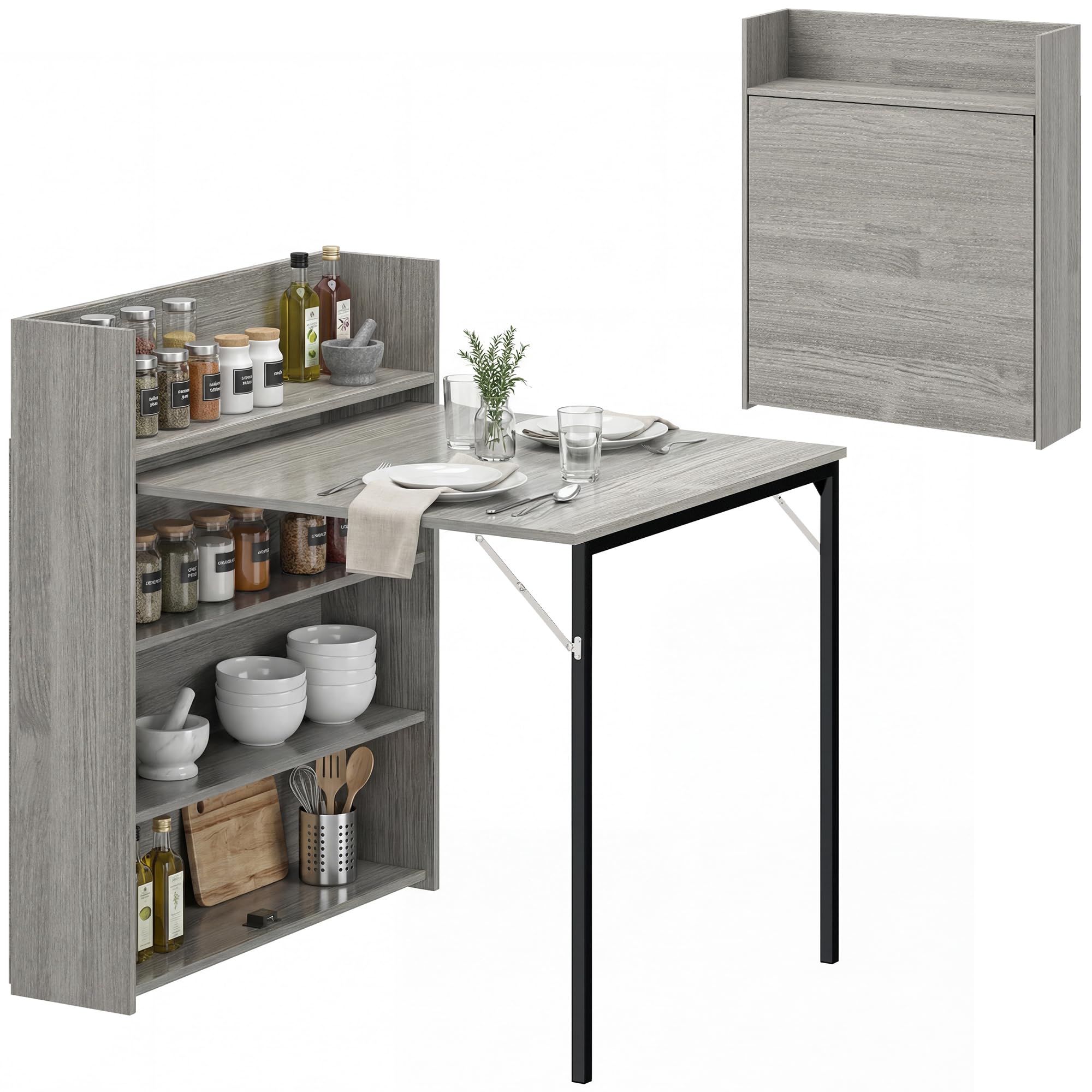 HOMCOM Folding Dining Table for 3 People, 4-Tier Shelves, Grey Wood Effect — image 1