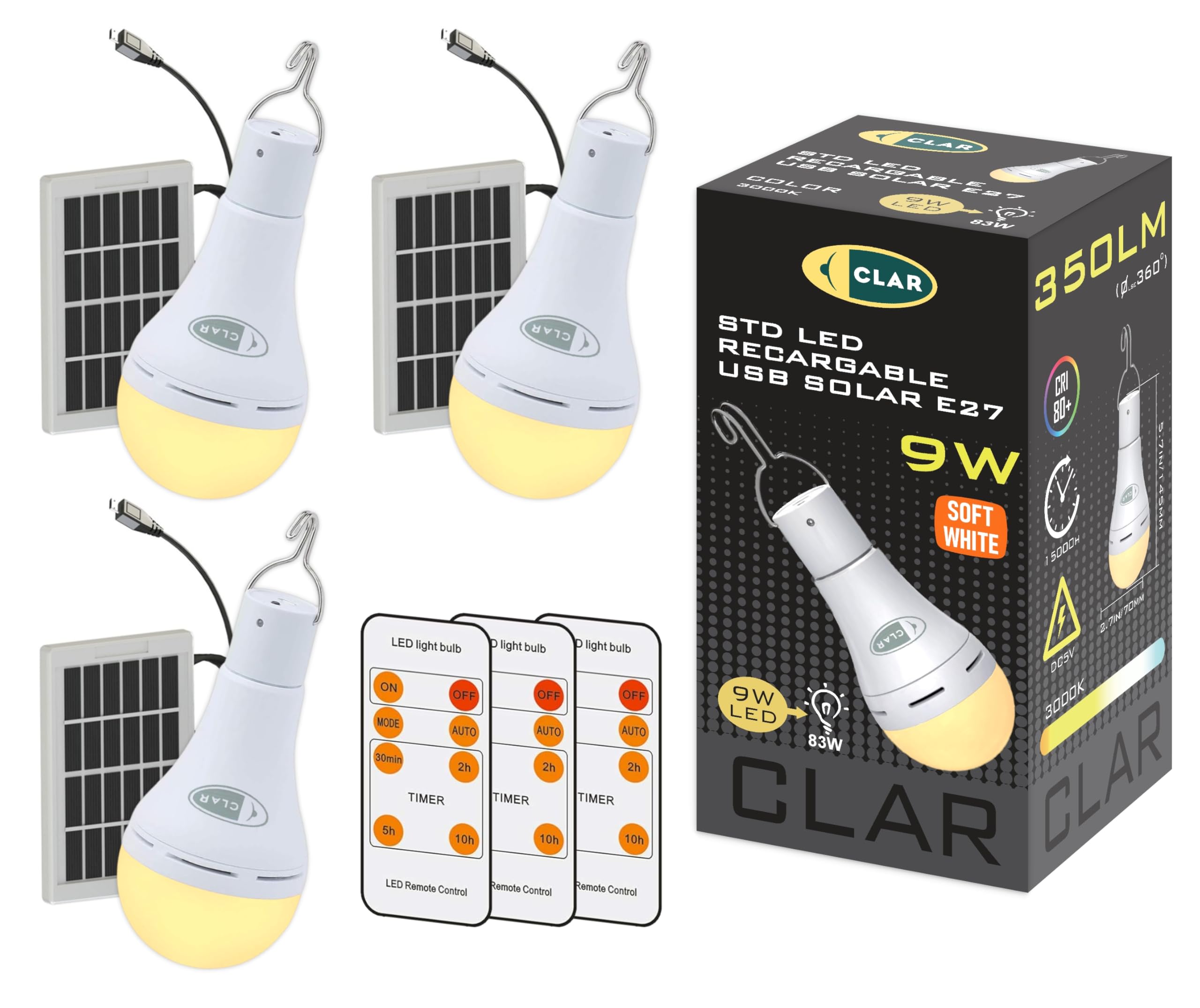 CLAR - Lampadina LED Ricaricabile USB, Portatile, 9W Luce Calda (Pack 3)