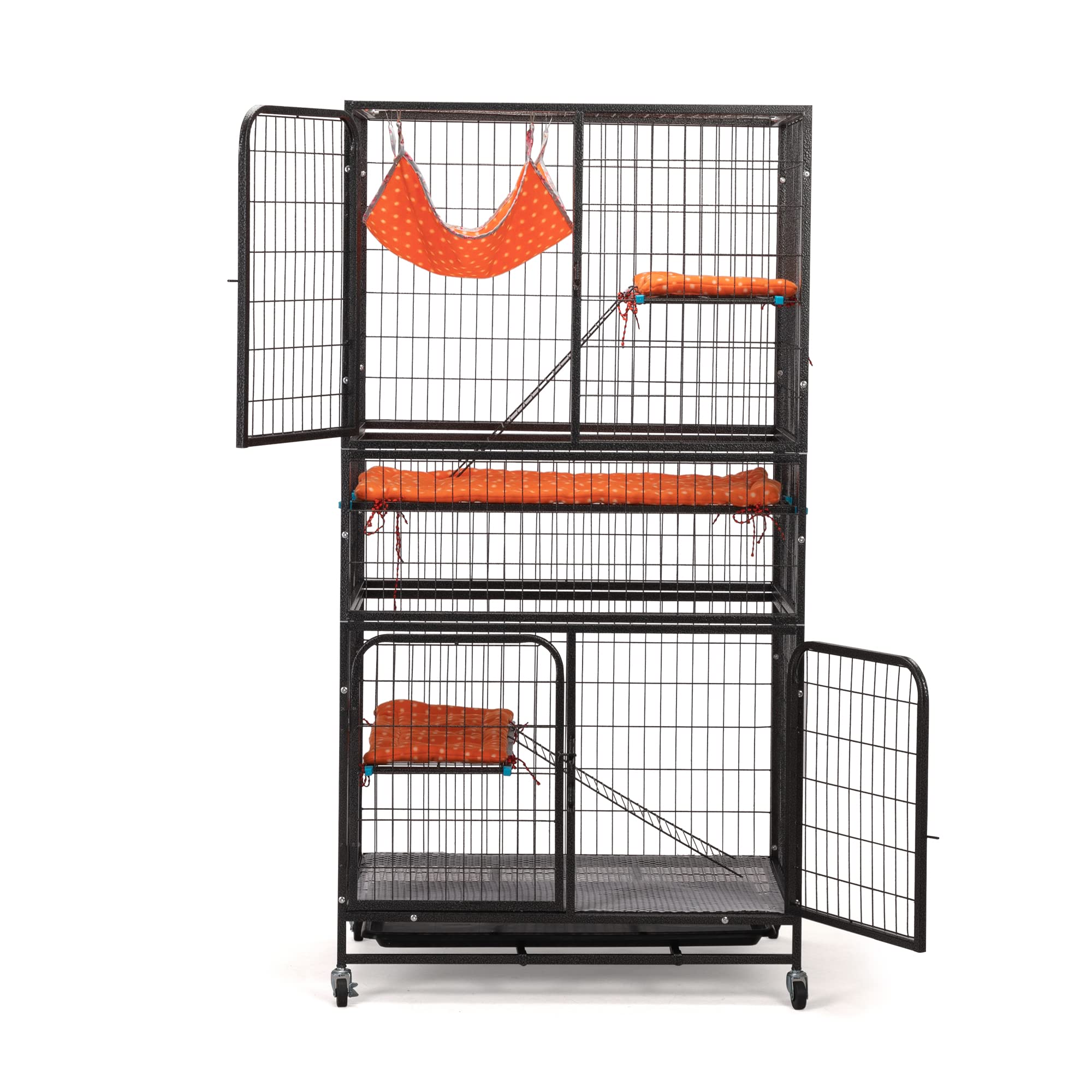 GOWE 4-Story Pet Cage, Bunny Hutch with Ladder, Lockable Wheels and Removable Tray, Black and Orange